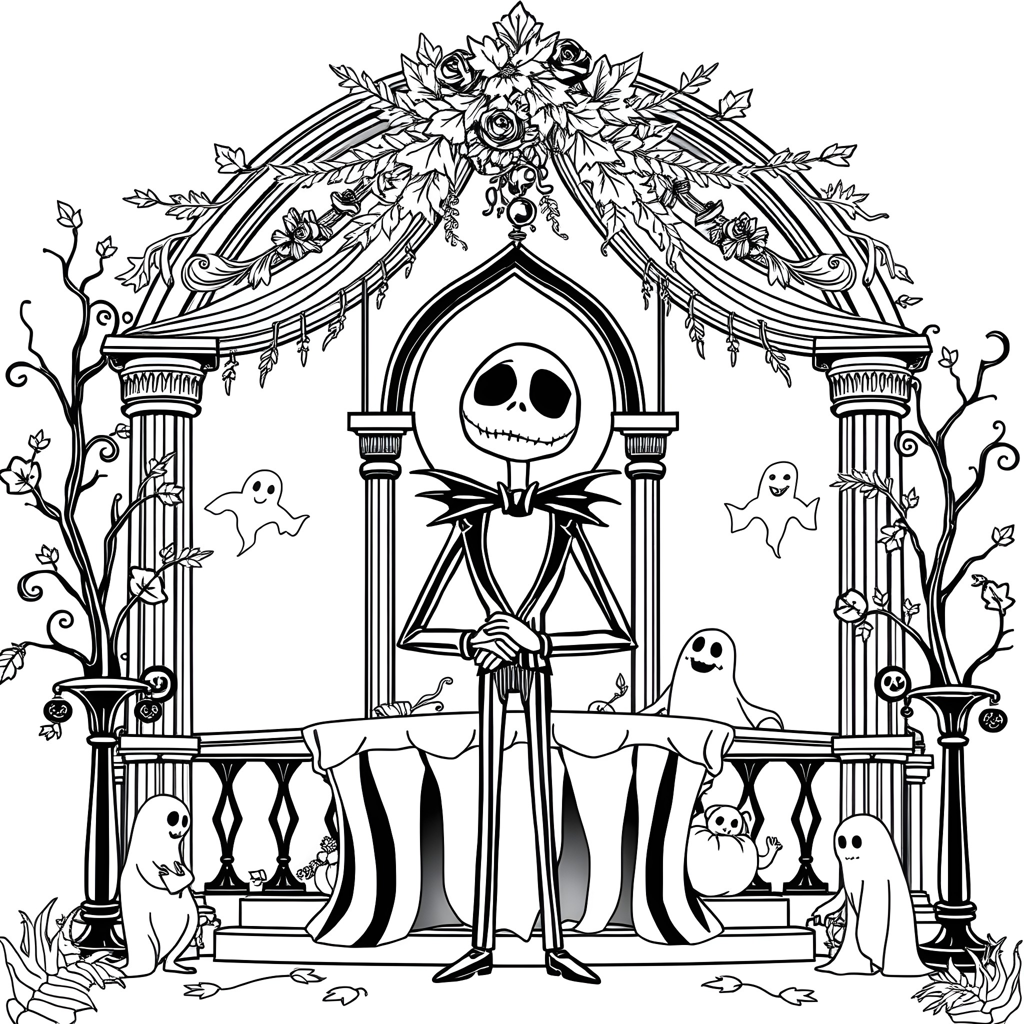 Jack Skellington presiding over a spooky supernatural scene Coloring Page (free black-and-white line drawing printable PDF for all, from beginners to advanced learners, including children, teens, adults, and seniors)
