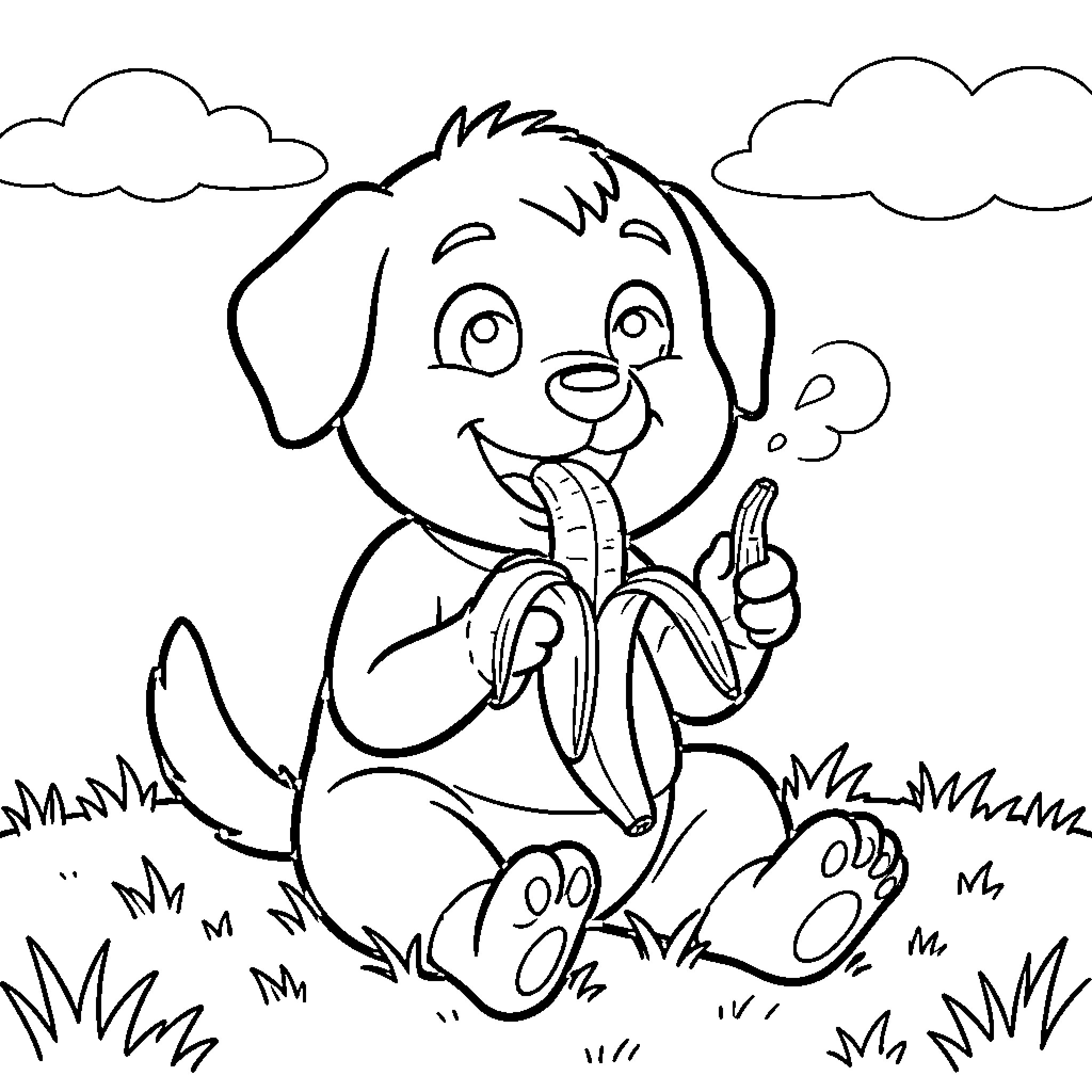 Ruben the puppy eating a banana in the grass Coloring Page (free black-and-white line drawing printable PDF for all, from beginners to advanced learners, including children, teens, adults, and seniors)