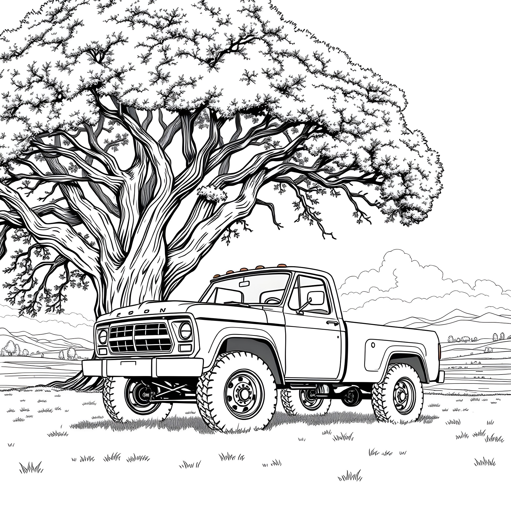 Truck parked under a snow-covered tree in a rural landscape Coloring Page (free black-and-white line drawing printable PDF for all, from beginners to advanced learners, including children, teens, adults, and seniors)