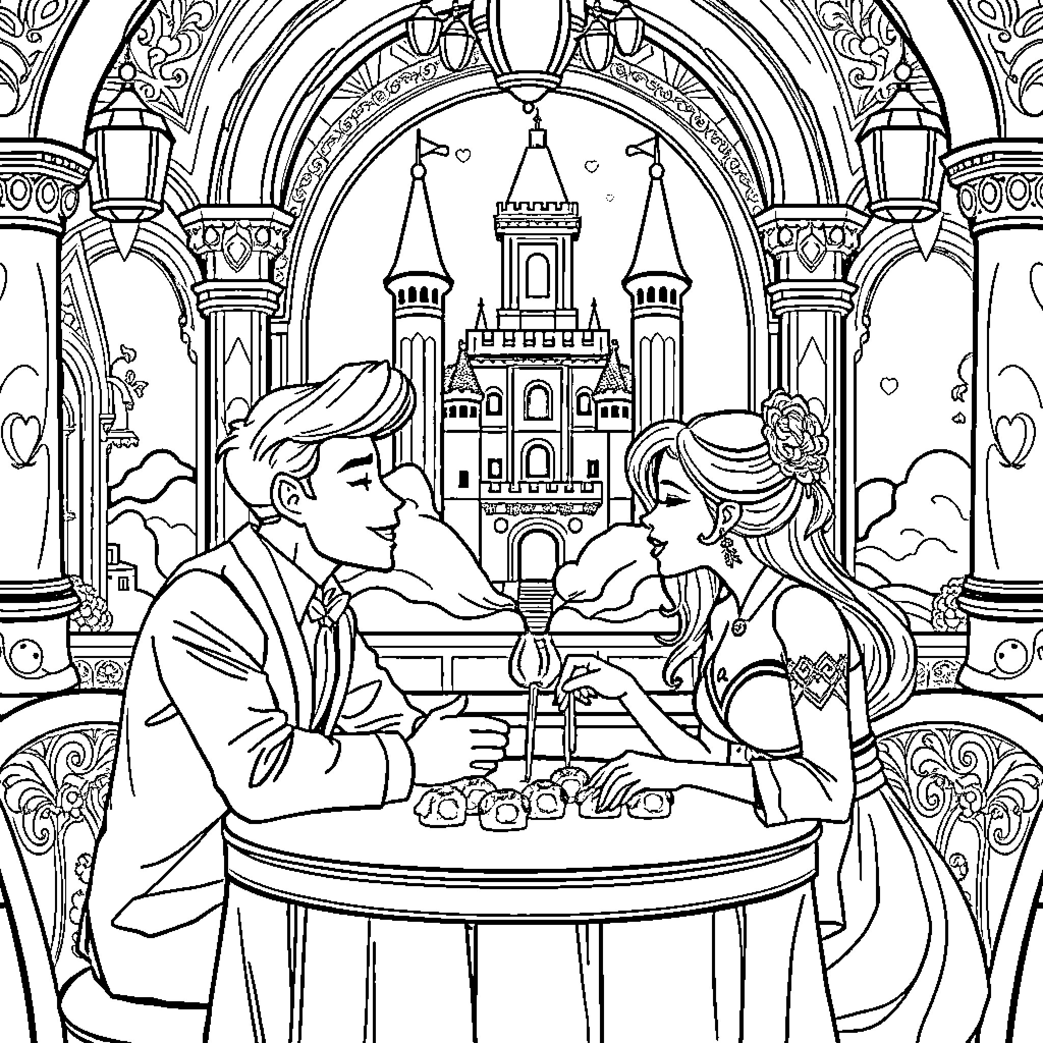 Person having romantic dinner in front of castle Coloring Page (free black-and-white line drawing printable PDF for all, from beginners to advanced learners, including children, teens, adults, and seniors)