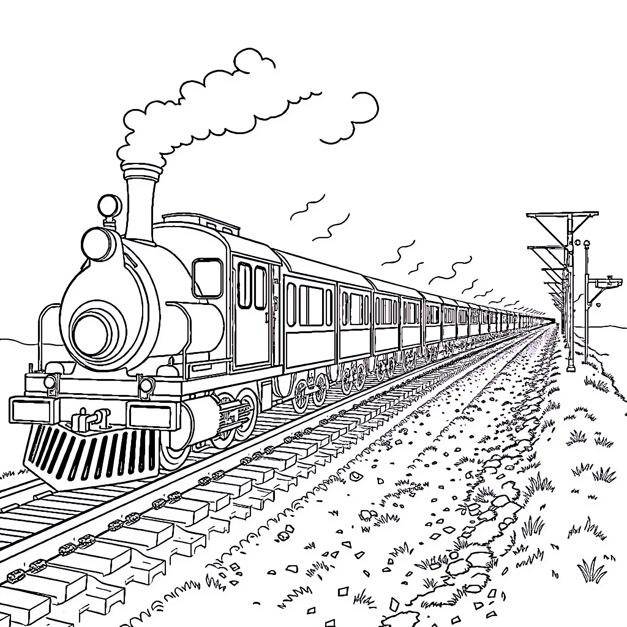 Train chugging along the railway track Coloring Page (free black-and-white line drawing printable PDF for all, from beginners to advanced learners, including children, teens, adults, and seniors)
