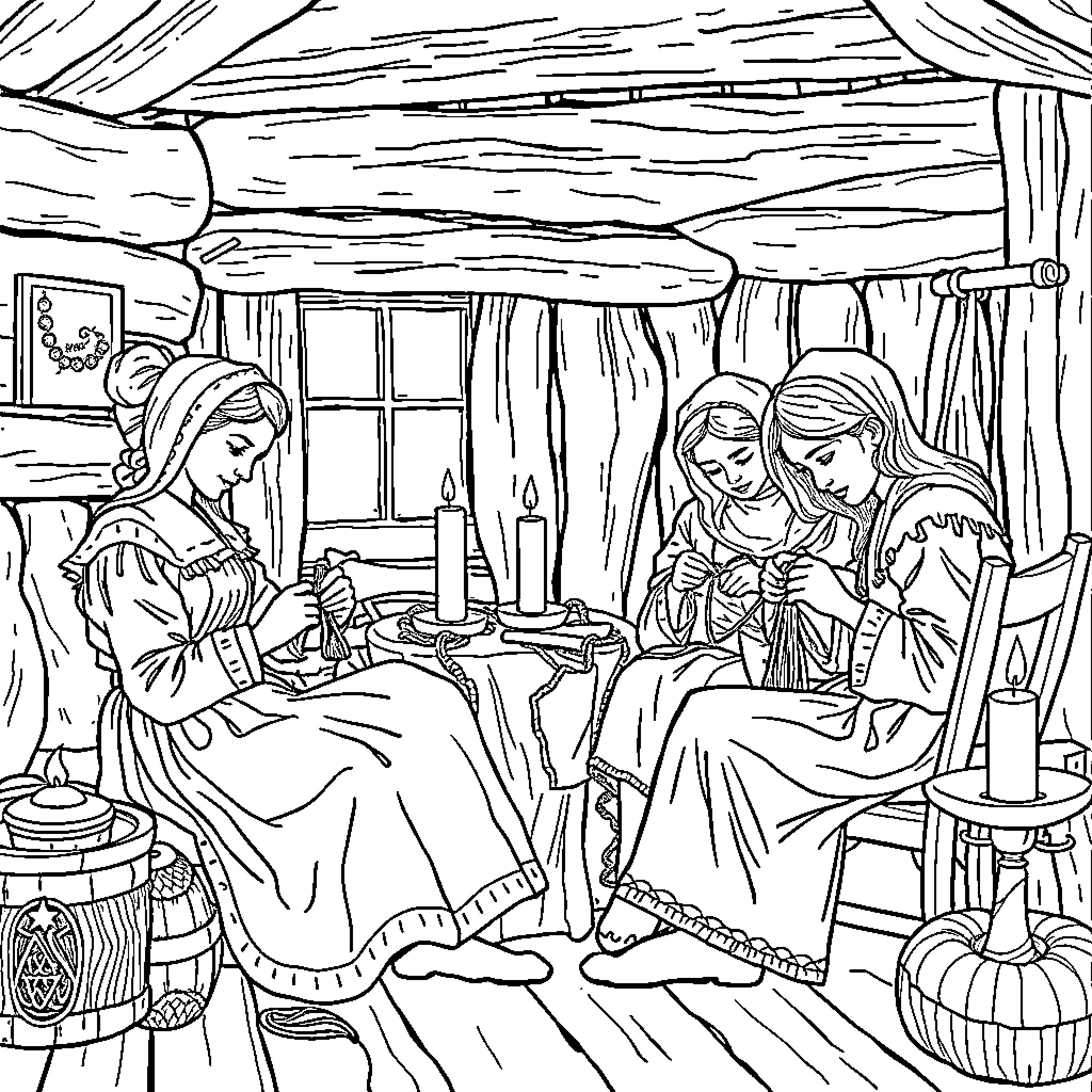 Colonist women sewing and enjoying a cozy evening Coloring Page (free black-and-white line drawing printable PDF for all, from beginners to advanced learners, including children, teens, adults, and seniors)