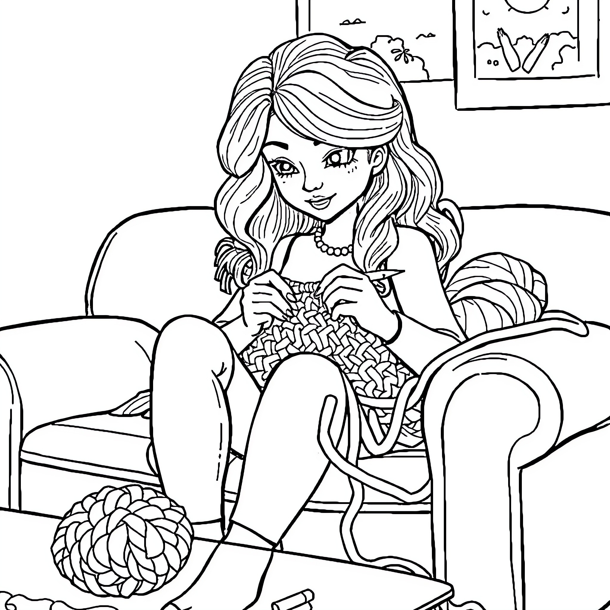 Capricho of a young woman knitting on a couch Coloring Page (free black-and-white line drawing printable PDF for all, from beginners to advanced learners, including children, teens, adults, and seniors)