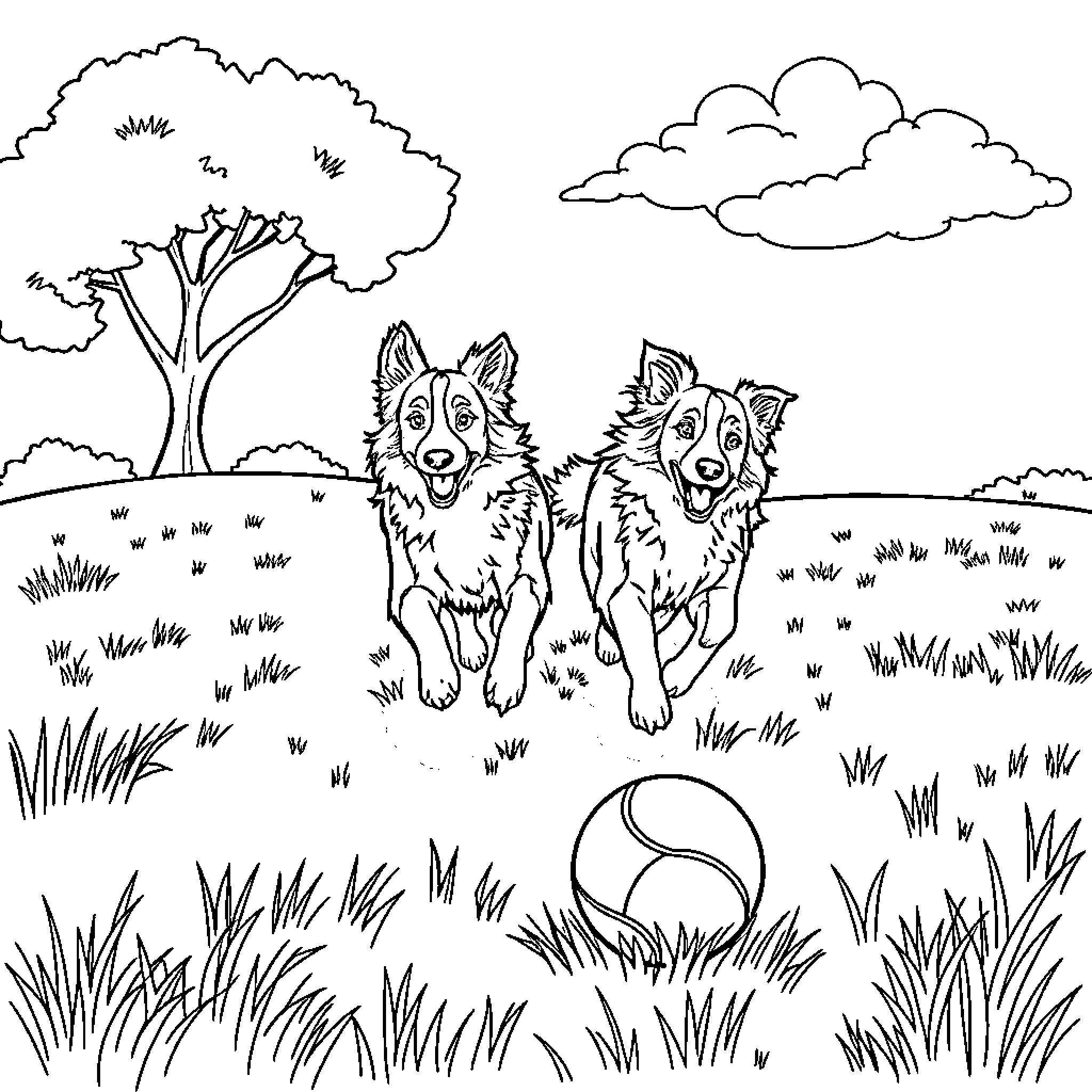 Border Collies playing joyfully in the meadow Coloring Page (free black-and-white line drawing printable PDF for all, from beginners to advanced learners, including children, teens, adults, and seniors)
