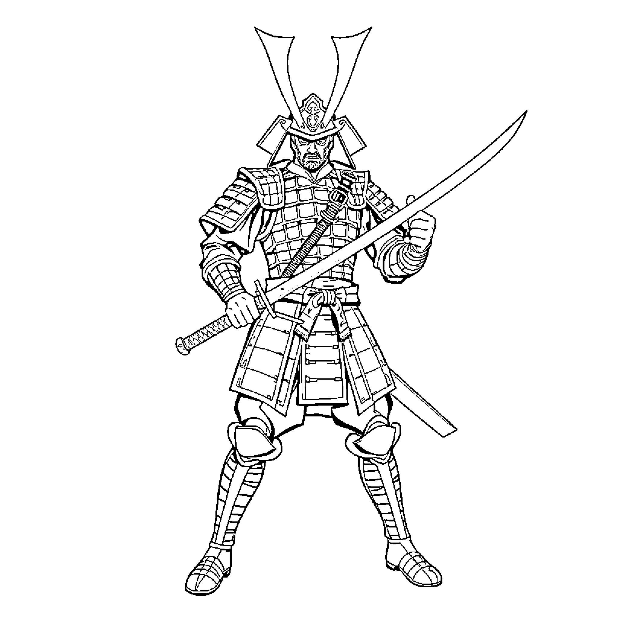 Samurai warrior wielding sword and shield in battle stance Coloring Page (free black-and-white line drawing printable PDF for all, from beginners to advanced learners, including children, teens, adults, and seniors)