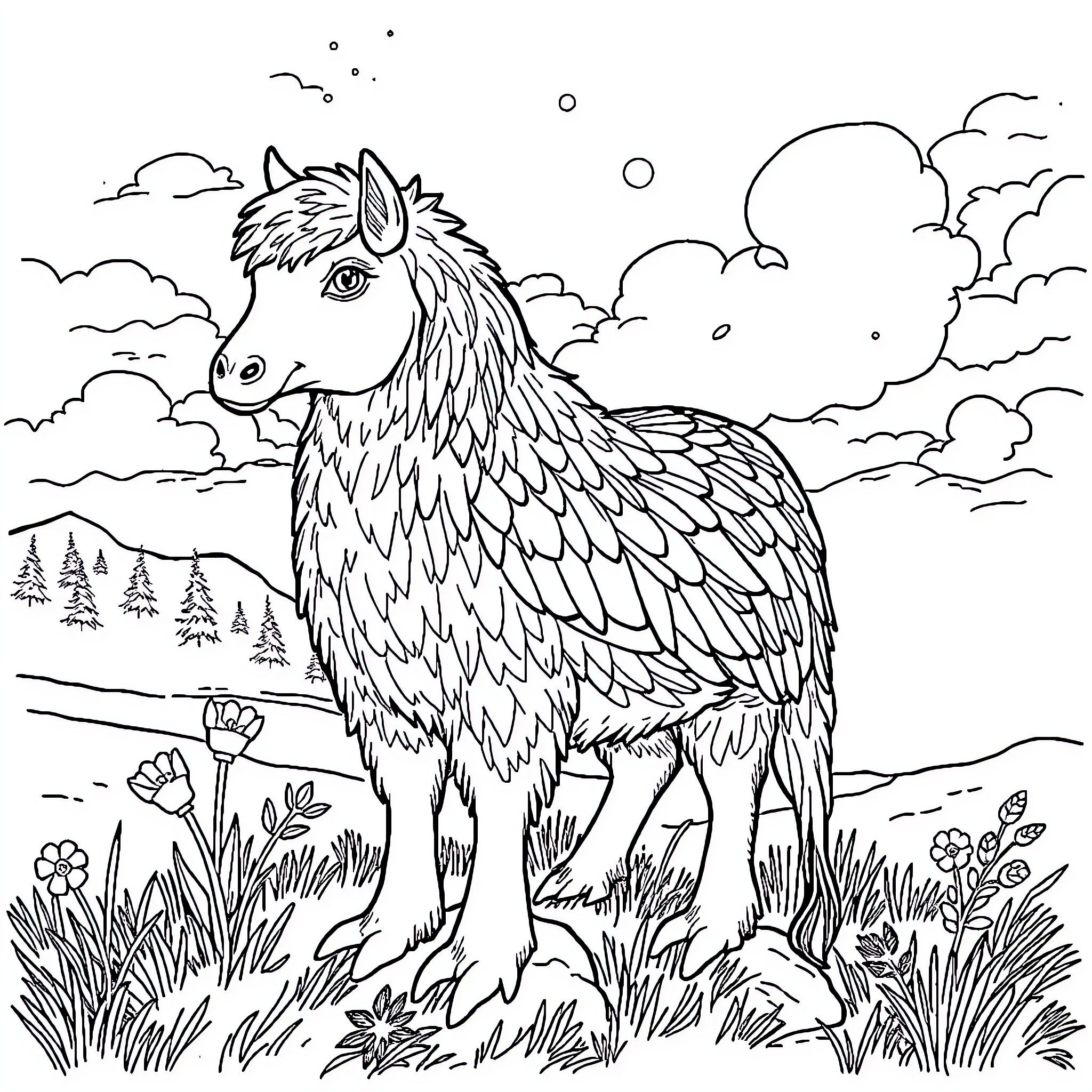 Papa Pig's Wooly Companion Enjoys the Countryside Coloring Page (free black-and-white line drawing printable PDF for all, from beginners to advanced learners, including children, teens, adults, and seniors)