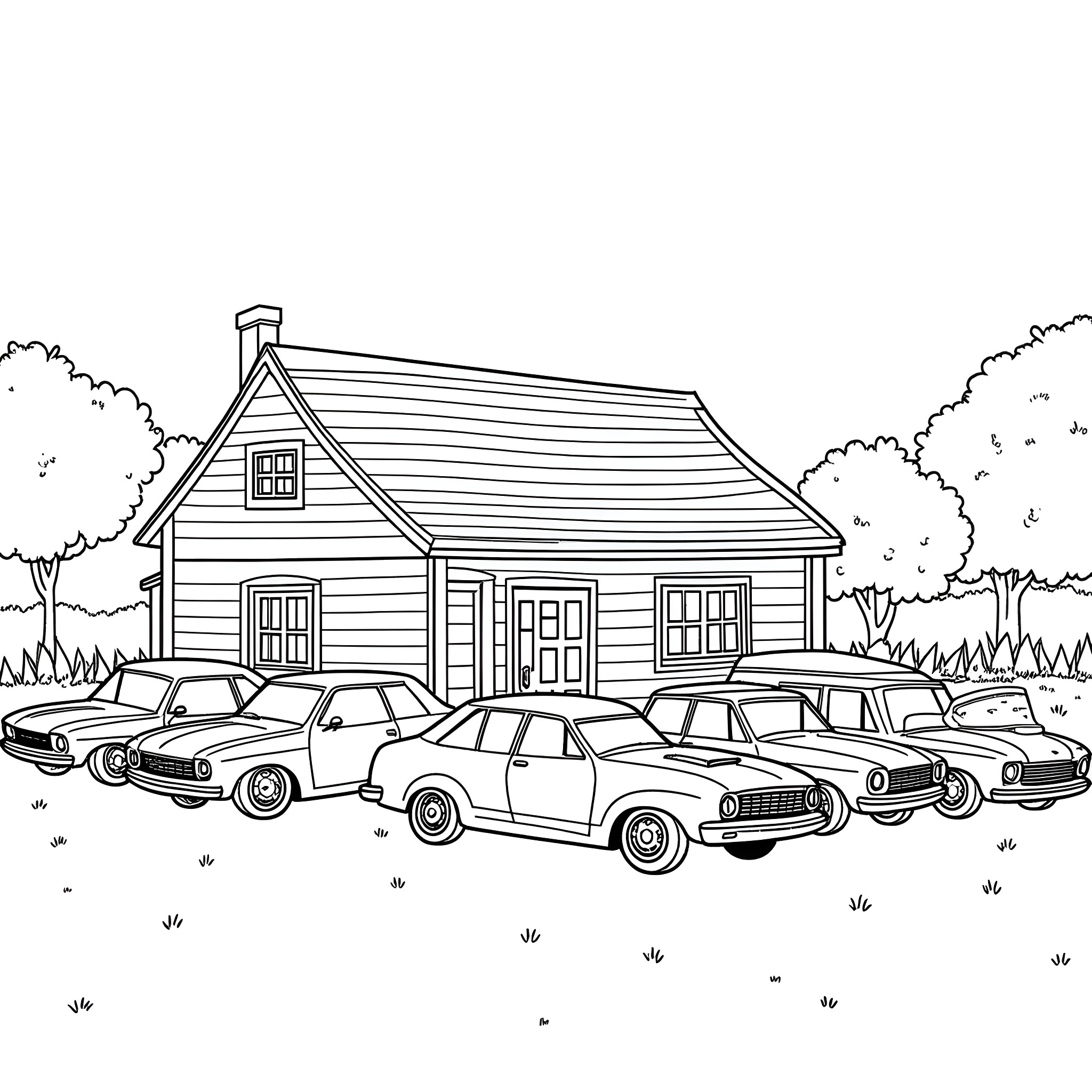 House with classic cars parked in front Coloring Page (free black-and-white line drawing printable PDF for all, from beginners to advanced learners, including children, teens, adults, and seniors)
