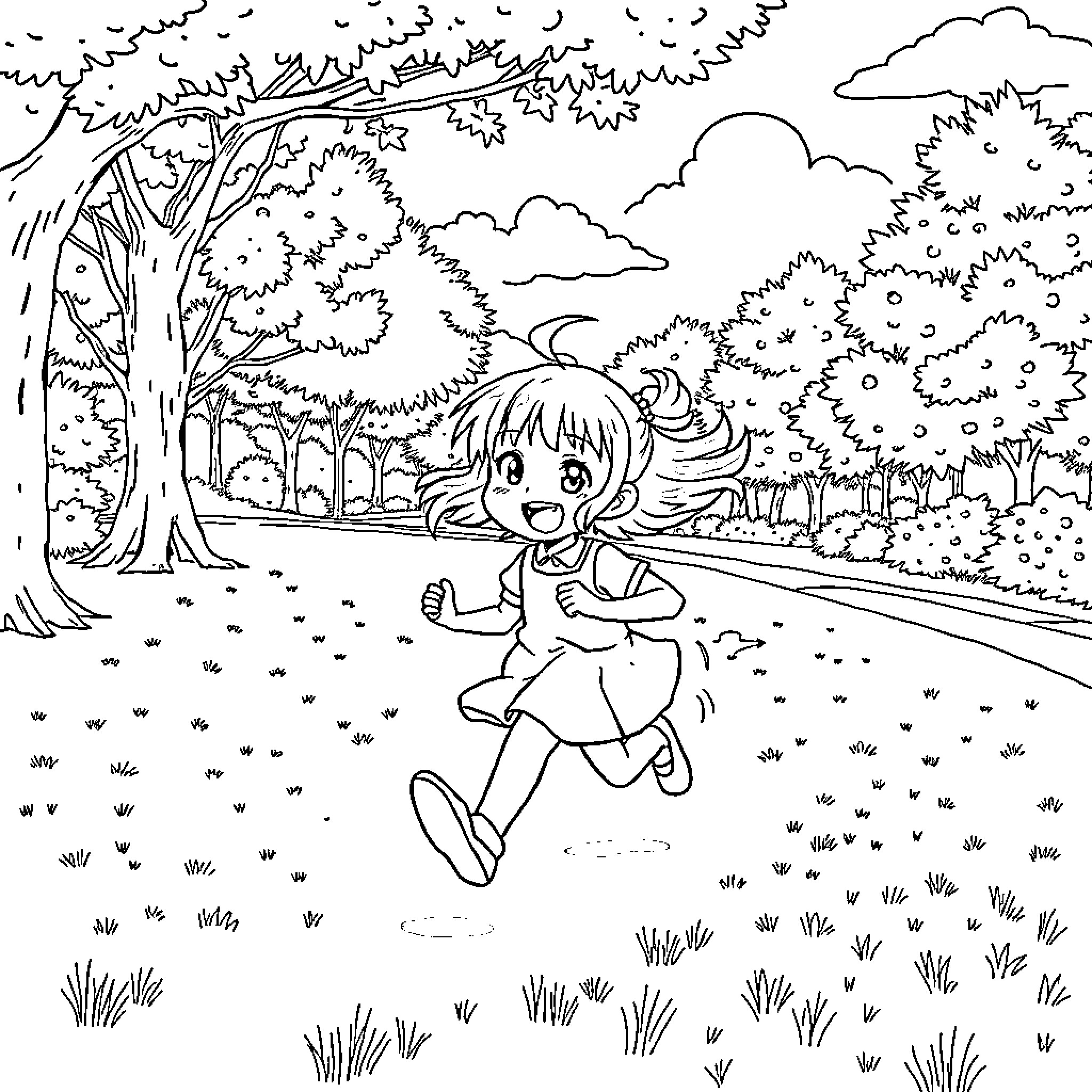 Yotsuba running happily in the park Coloring Page (free black-and-white line drawing printable PDF for all, from beginners to advanced learners, including children, teens, adults, and seniors)