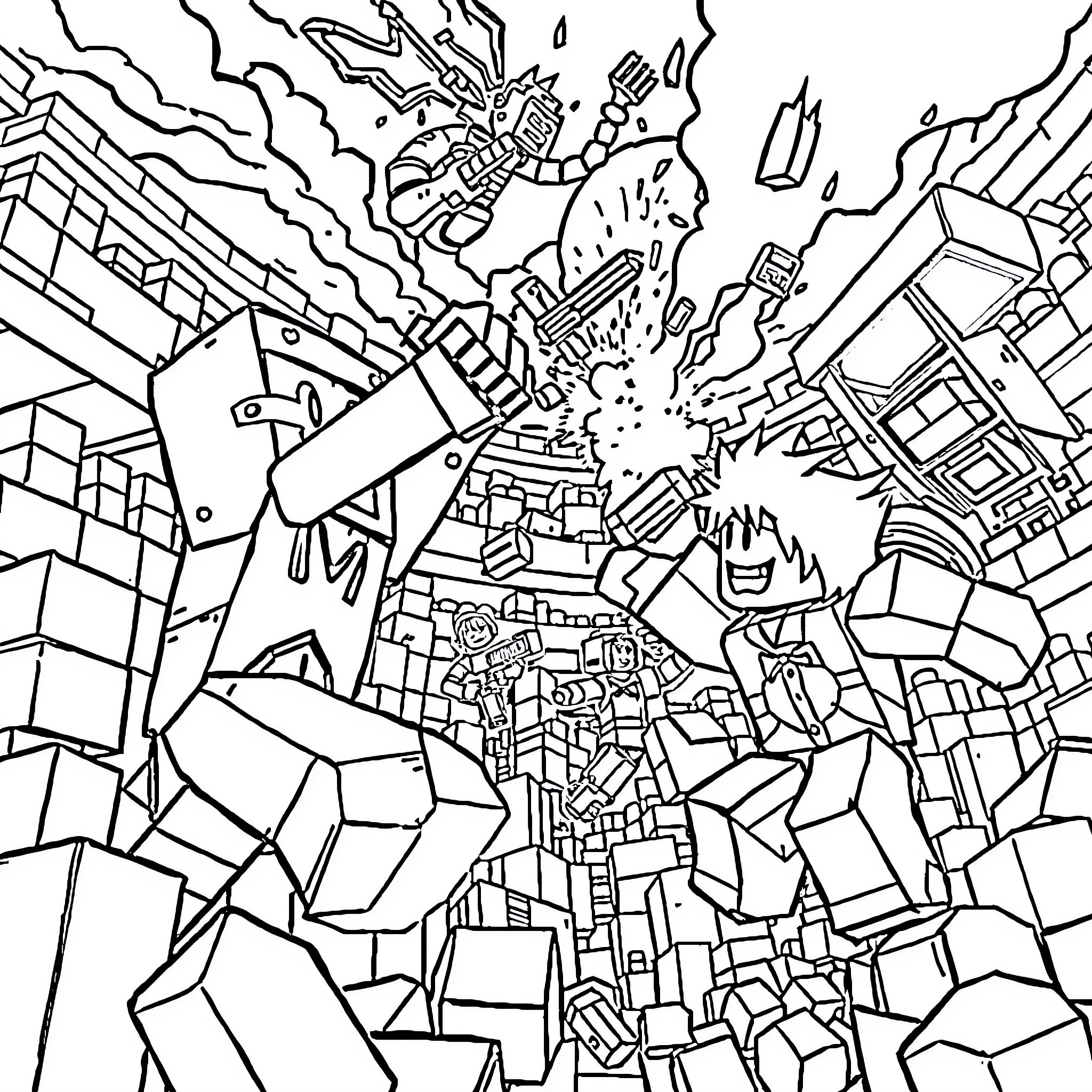 Minecraft Explosive Destruction in Chaotic Landscape Coloring Page (free black-and-white line drawing printable PDF for all, from beginners to advanced learners, including children, teens, adults, and seniors)