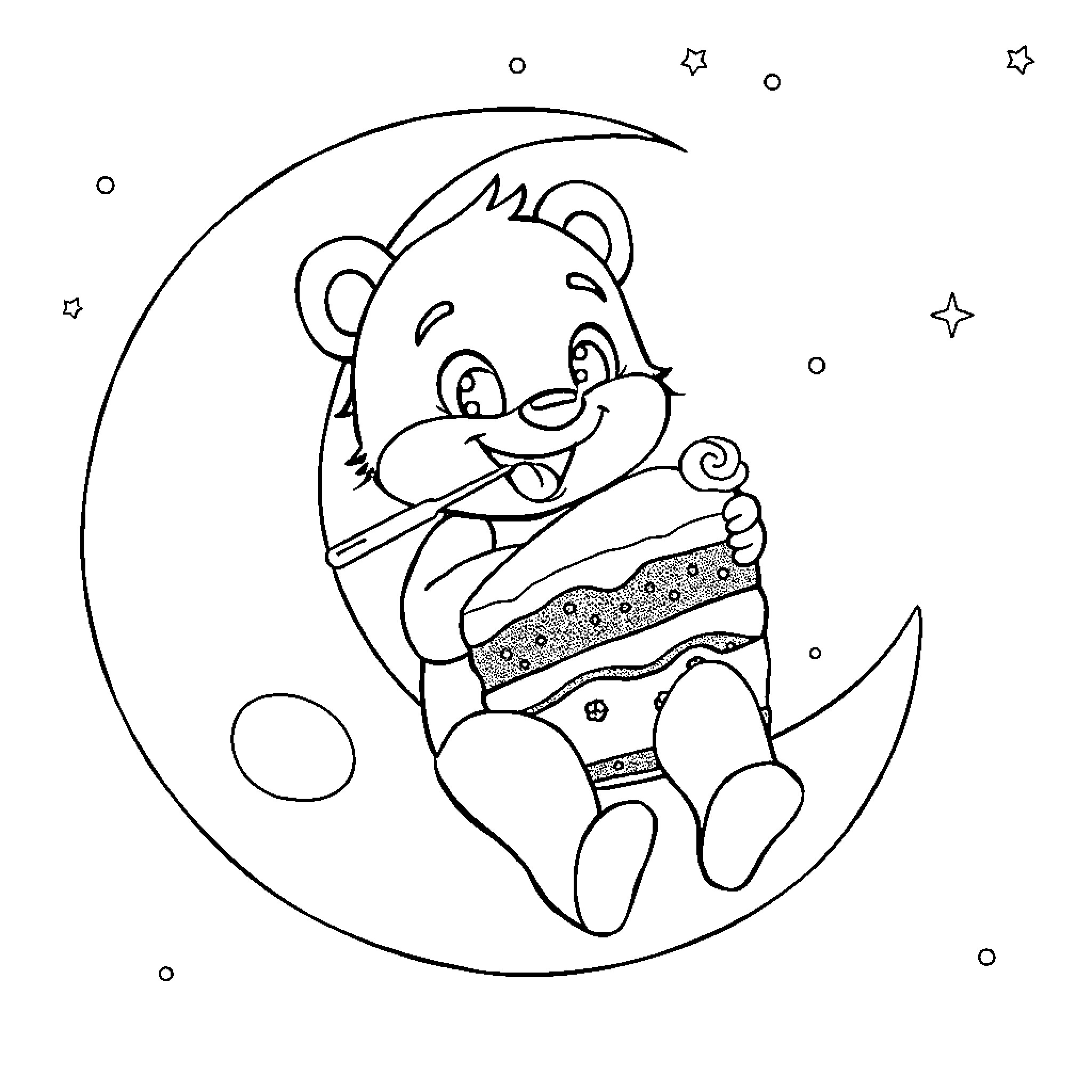 Bluey bear enjoying a snack on the moon Coloring Page (free black-and-white line drawing printable PDF for all, from beginners to advanced learners, including children, teens, adults, and seniors)