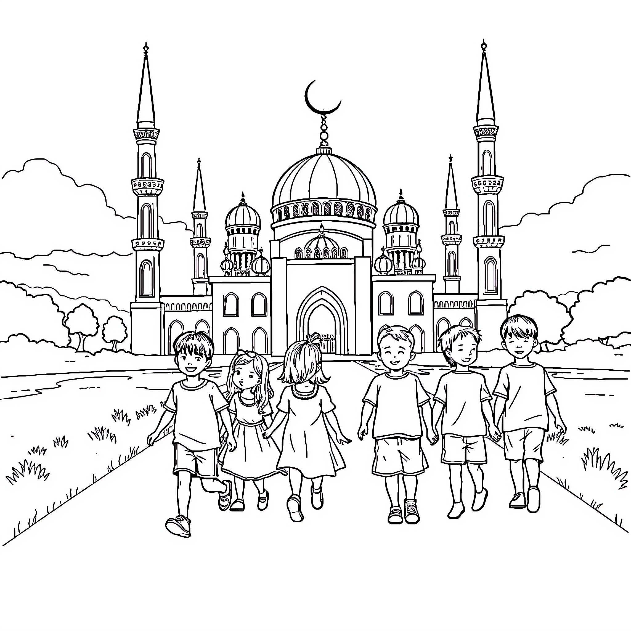 Children walking together in front of a mosque Coloring Page (free black-and-white line drawing printable PDF for all, from beginners to advanced learners, including children, teens, adults, and seniors)