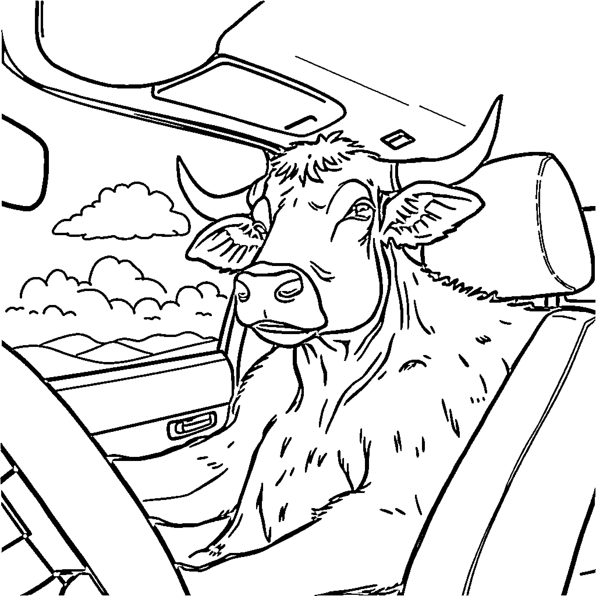 Vaca enjoying the ride through the countryside Coloring Page (free black-and-white line drawing printable PDF for all, from beginners to advanced learners, including children, teens, adults, and seniors)