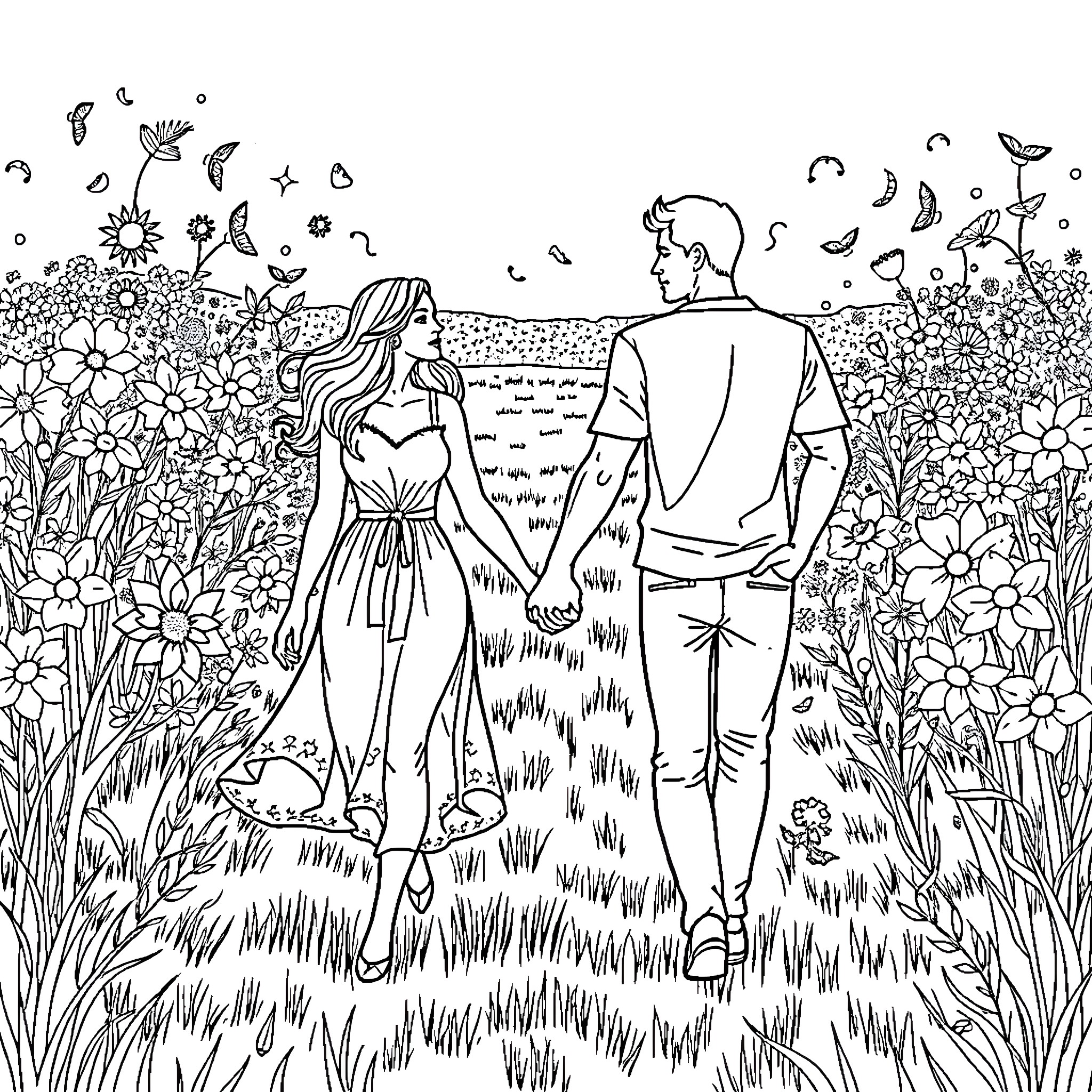 Couple walking hand-in-hand through a lush garden Coloring Page (free black-and-white line drawing printable PDF for all, from beginners to advanced learners, including children, teens, adults, and seniors)