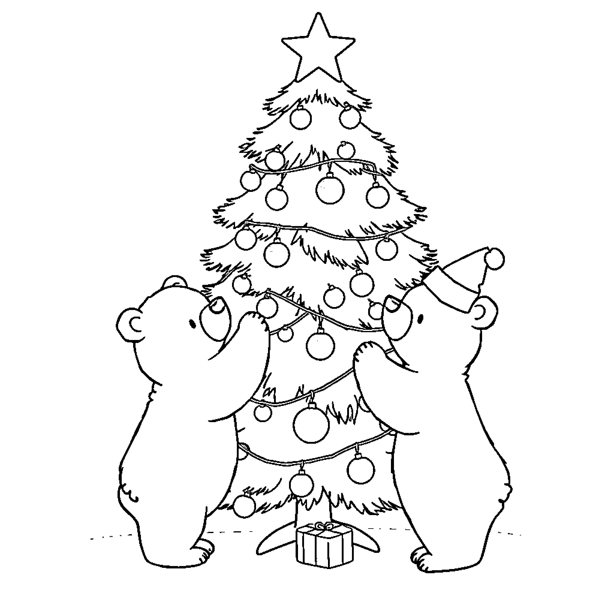 Bears decorating a Christmas tree Coloring Page (free black-and-white line drawing printable PDF for all, from beginners to advanced learners, including children, teens, adults, and seniors)