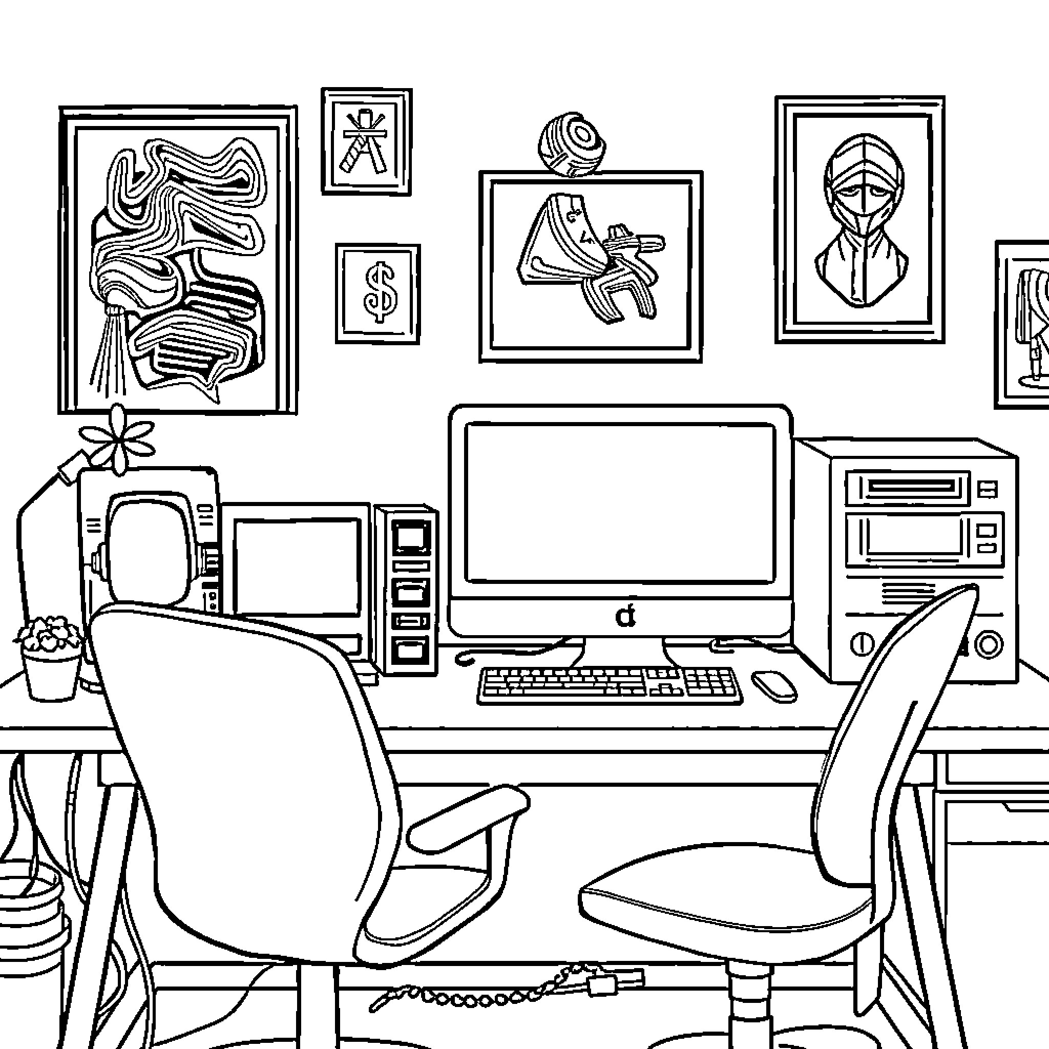 Pcs of workplace decor with computer setup Coloring Page (free black-and-white line drawing printable PDF for all, from beginners to advanced learners, including children, teens, adults, and seniors)