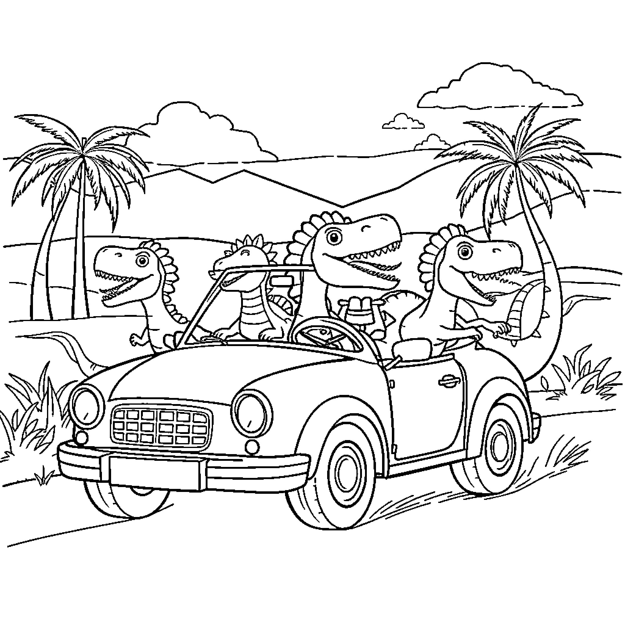 Dinosaurs Riding in a Convertible Car Coloring Page (free black-and-white line drawing printable PDF for all, from beginners to advanced learners, including children, teens, adults, and seniors)