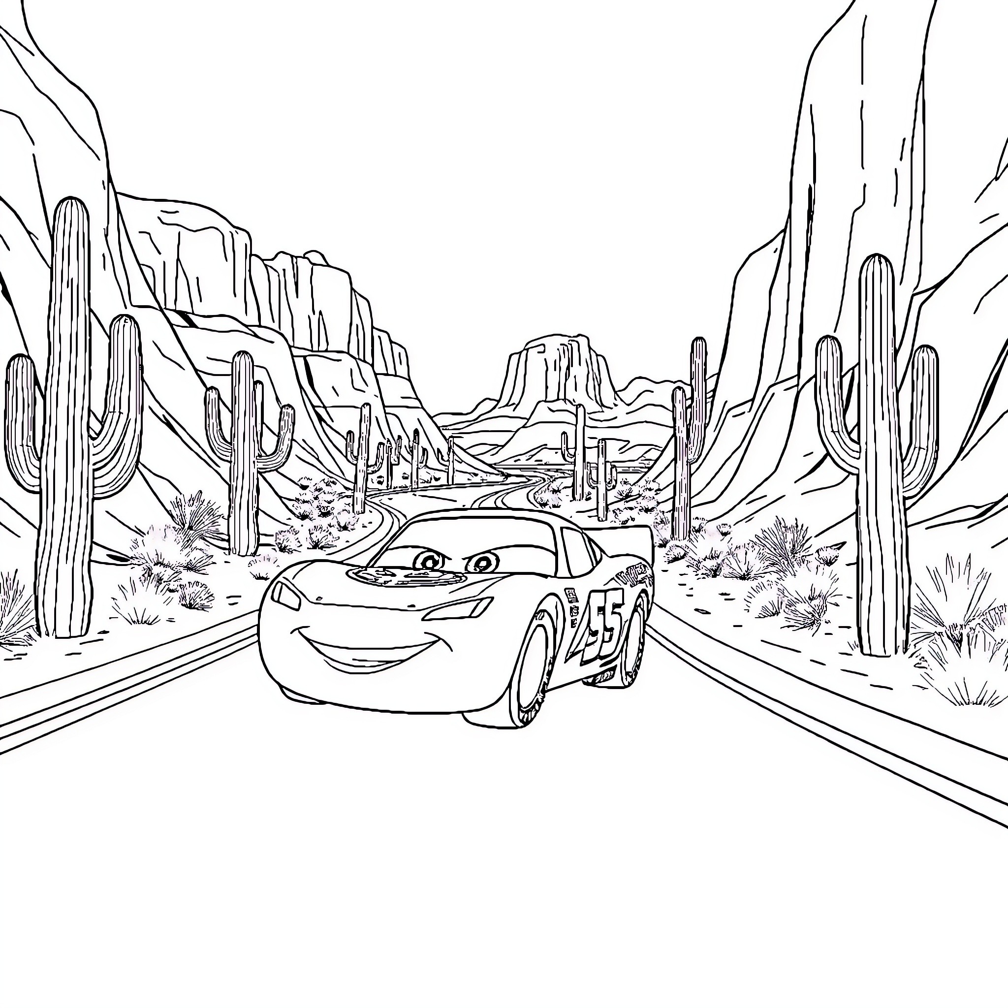Lightning McQueen on the open road in the desert Coloring Page (free black-and-white line drawing printable PDF for all, from beginners to advanced learners, including children, teens, adults, and seniors)