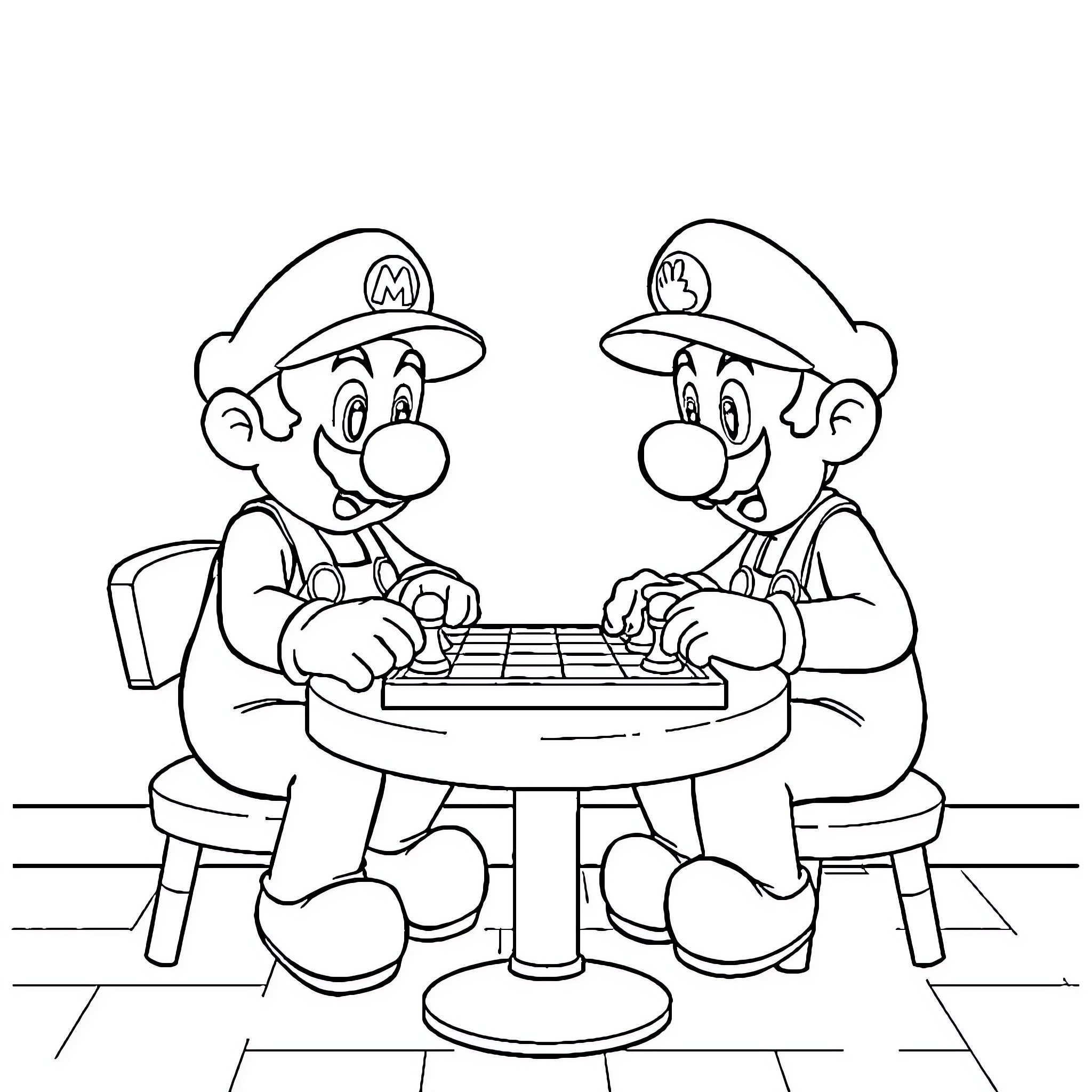 Mario and Luigi playing checkers together Coloring Page (free black-and-white line drawing printable PDF for all, from beginners to advanced learners, including children, teens, adults, and seniors)