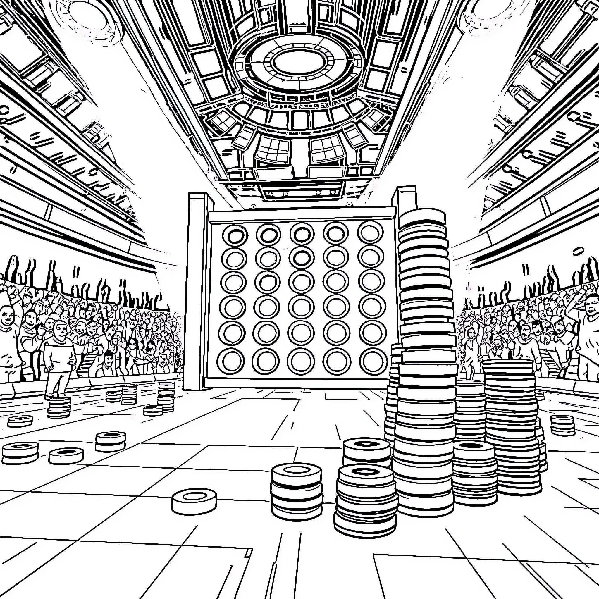 Connect-4 Showdown in a Futuristic Arena Coloring Page (free black-and-white line drawing printable PDF for all, from beginners to advanced learners, including children, teens, adults, and seniors)