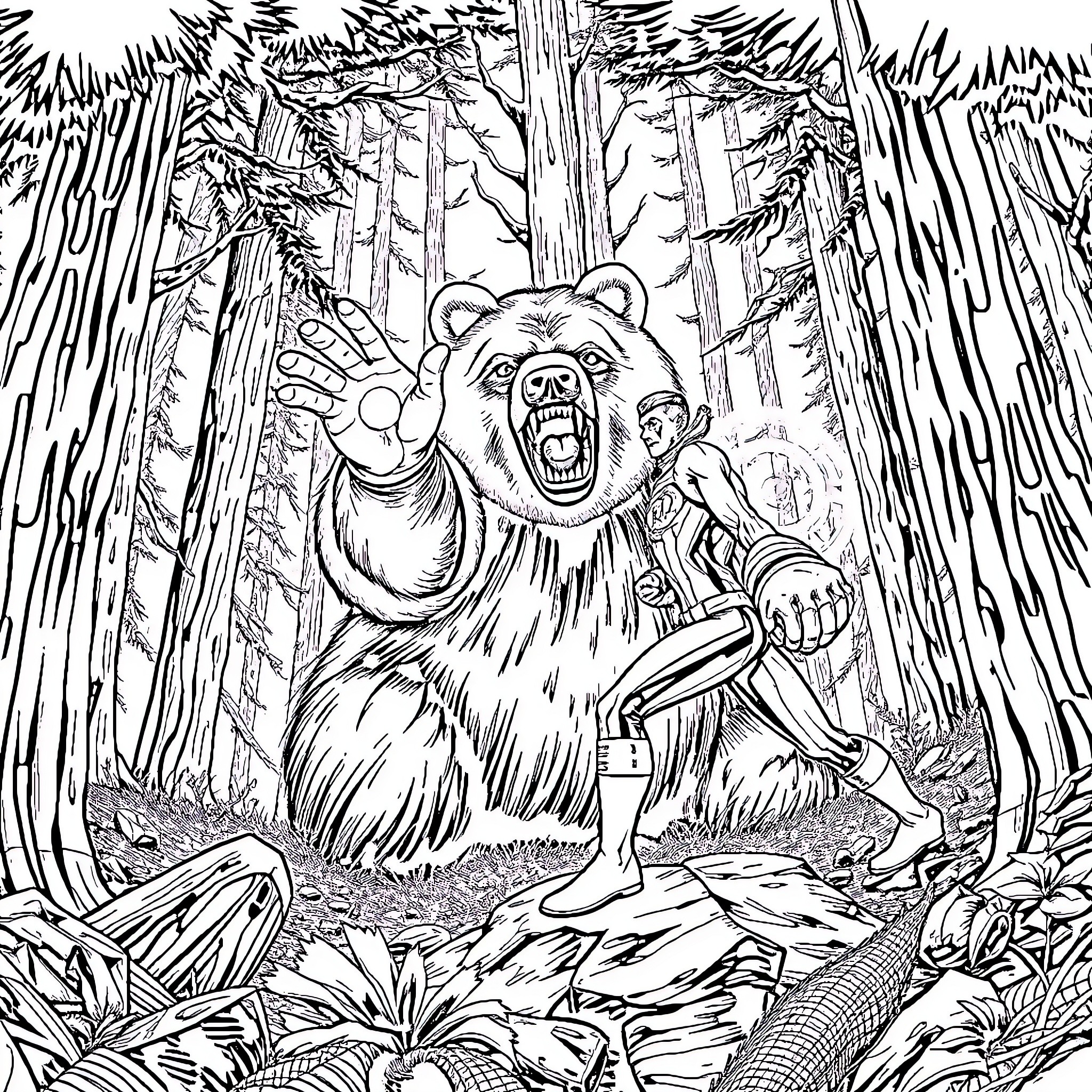 Green Lantern Encounters Ferocious Bear in Forested Wilderness Coloring Page (free black-and-white line drawing printable PDF for all, from beginners to advanced learners, including children, teens, adults, and seniors)