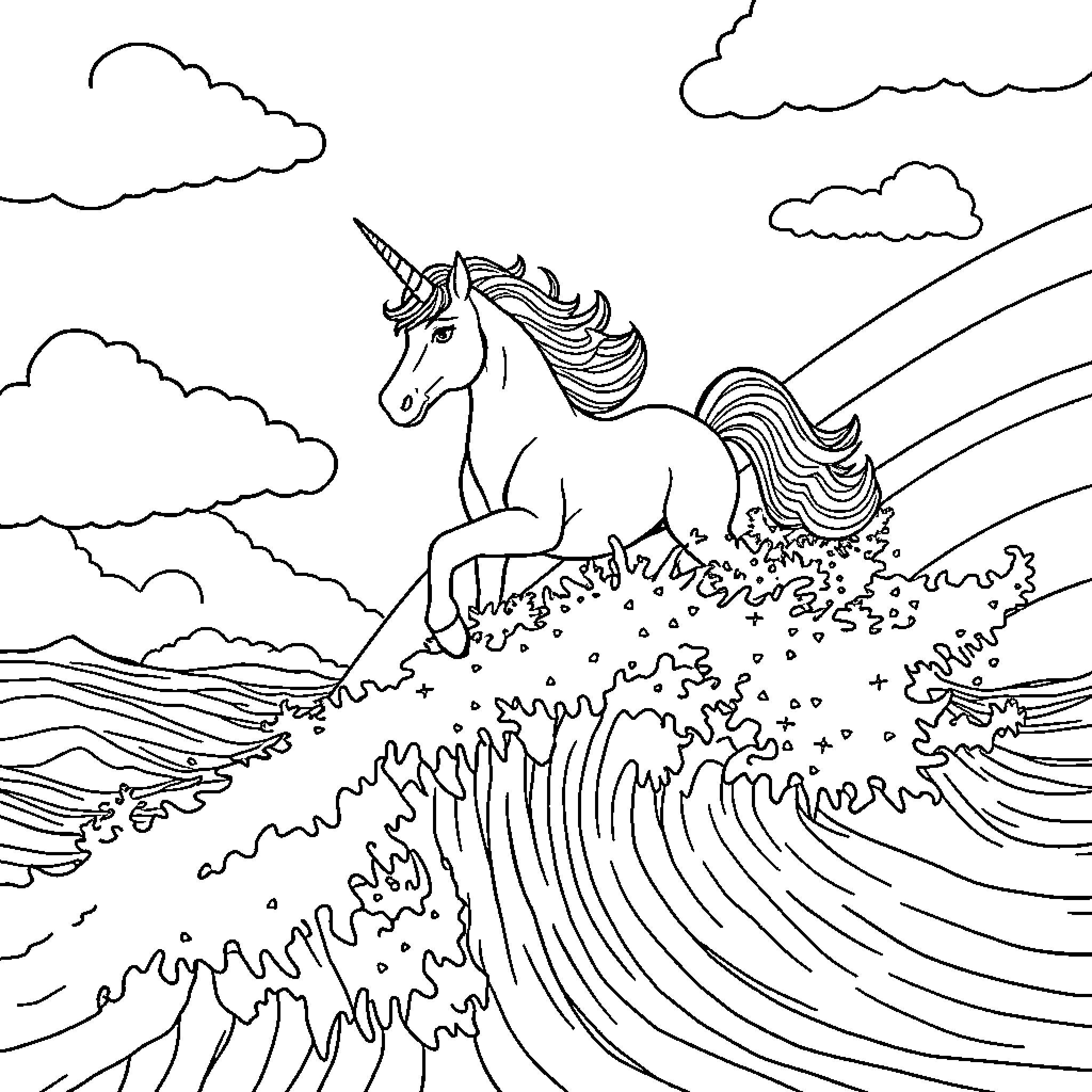 Unicorn riding magical waves with rainbows Coloring Page (free black-and-white line drawing printable PDF for all, from beginners to advanced learners, including children, teens, adults, and seniors)