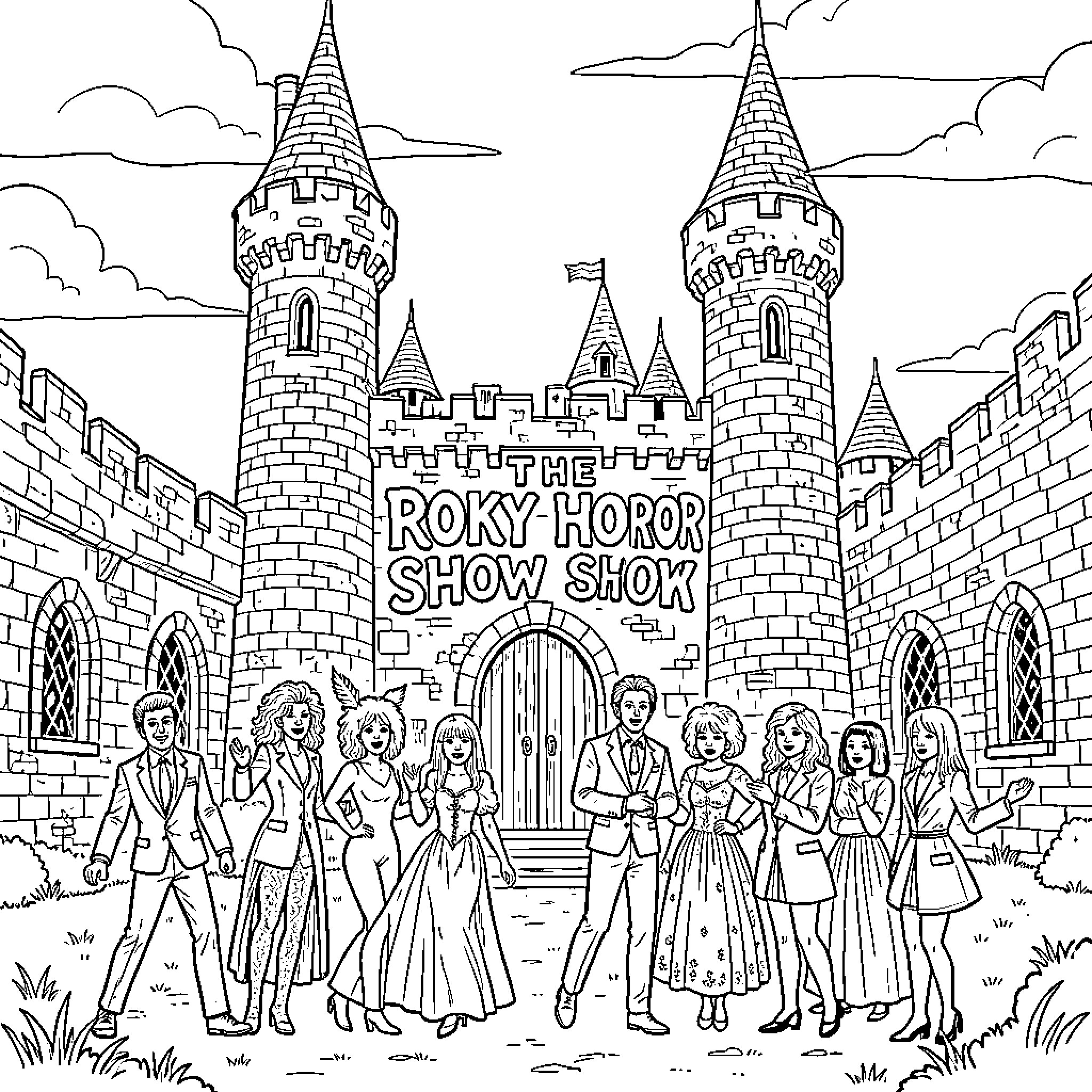 Rocky Horror characters posing in front of a castle Coloring Page (free black-and-white line drawing printable PDF for all, from beginners to advanced learners, including children, teens, adults, and seniors)
