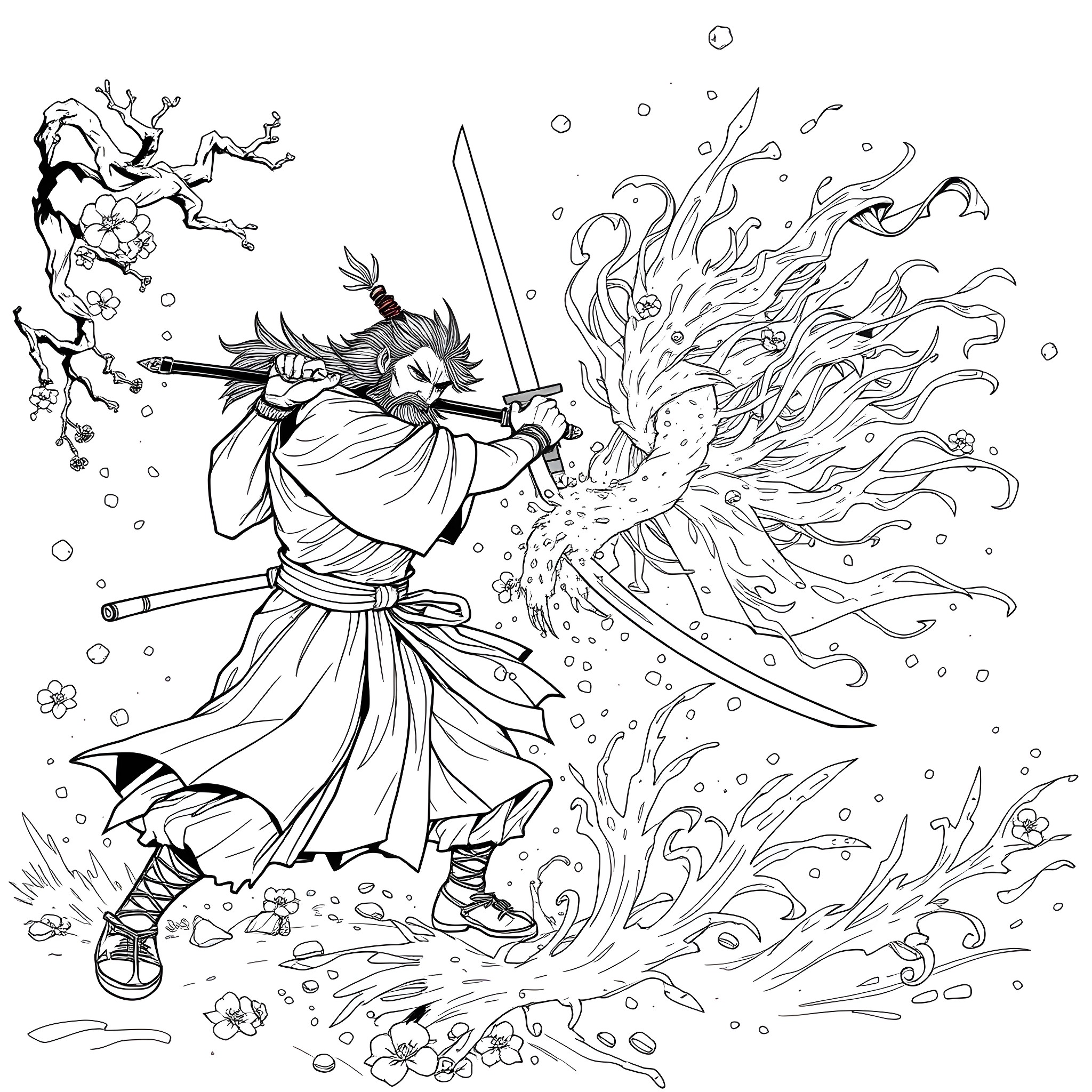 Sanemi in fierce battle against a powerful adversary Coloring Page (free black-and-white line drawing printable PDF for all, from beginners to advanced learners, including children, teens, adults, and seniors)