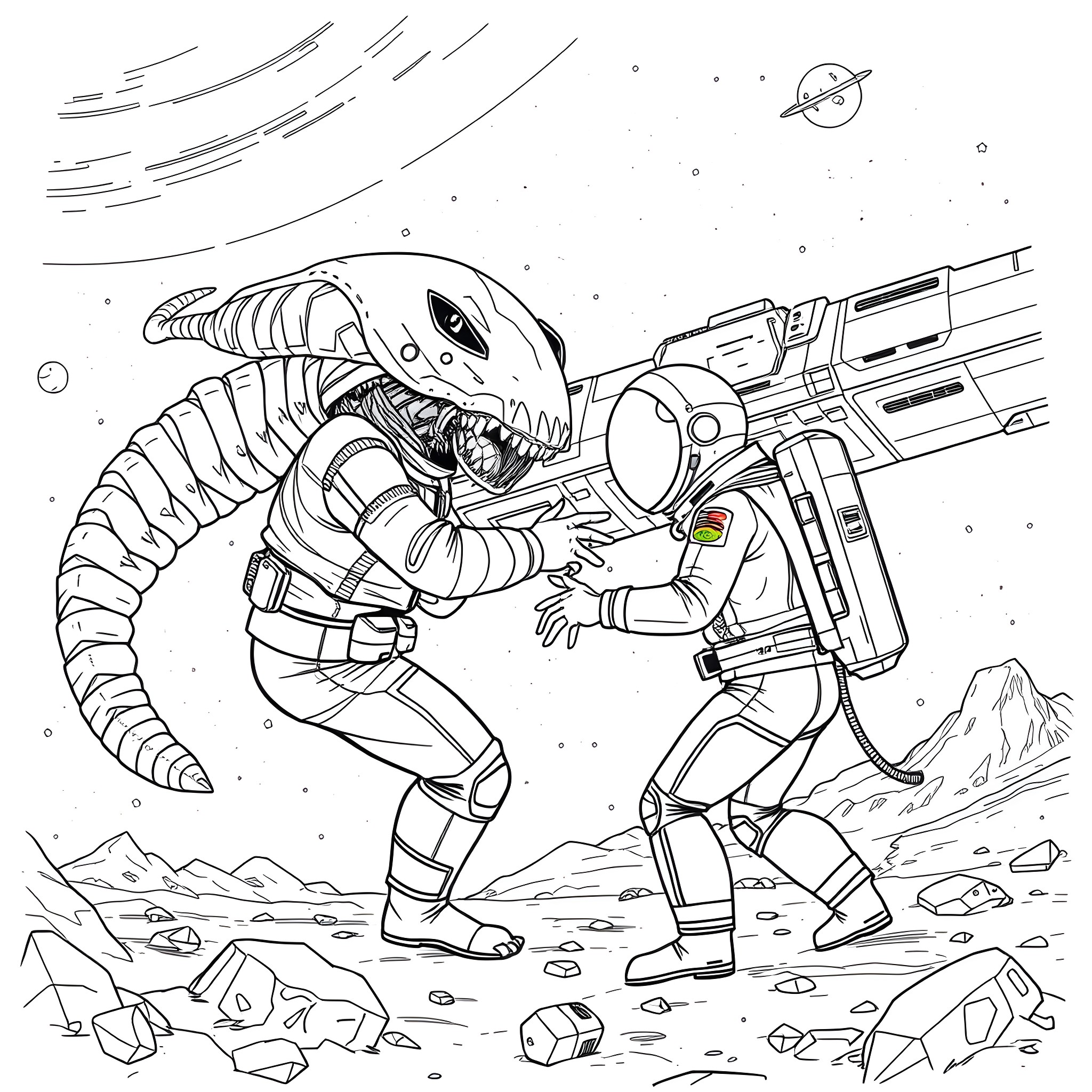 Astronaut battling a space creature on an alien planet Coloring Page (free black-and-white line drawing printable PDF for all, from beginners to advanced learners, including children, teens, adults, and seniors)