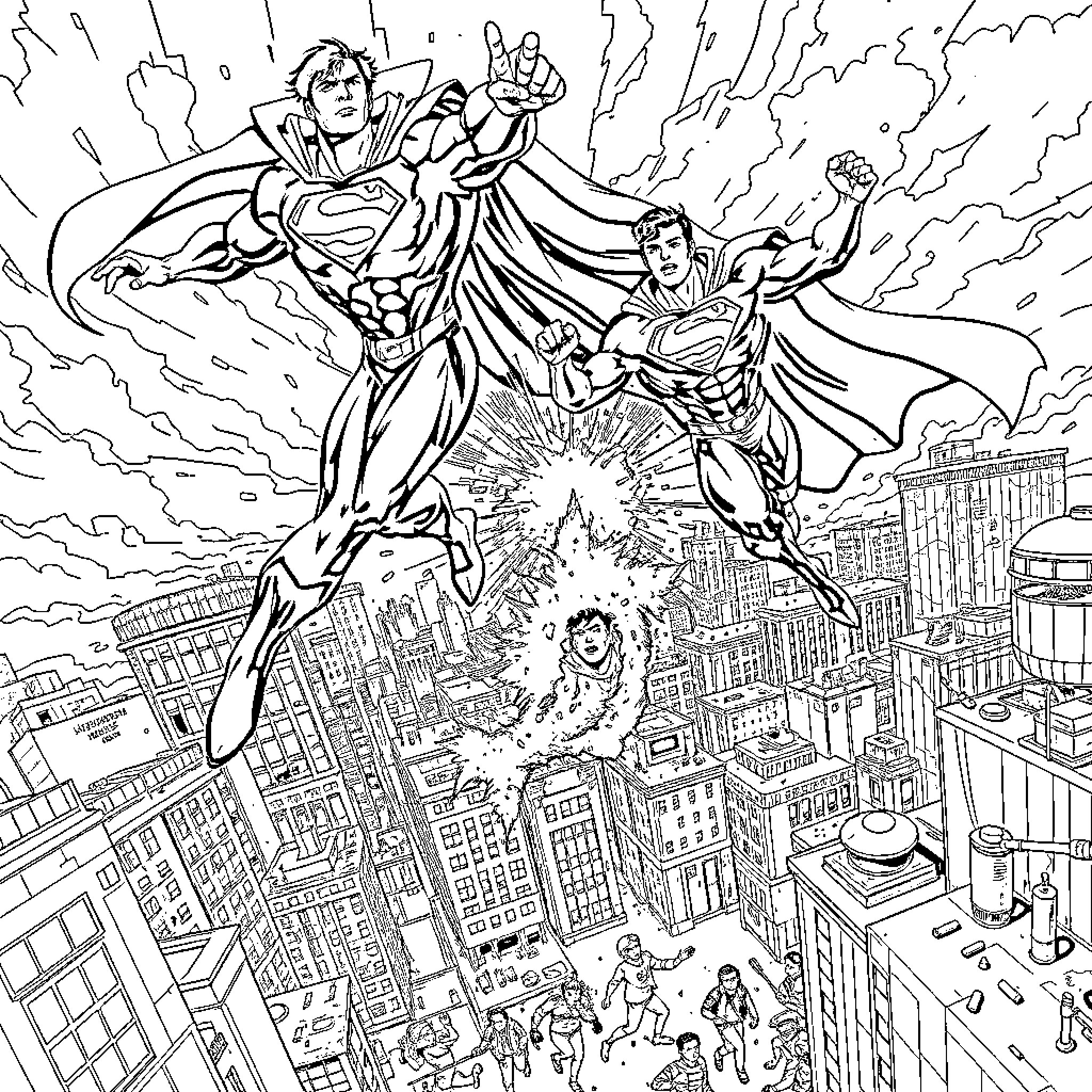 Heroes of the City Battling Cosmic Adversity Coloring Page (free black-and-white line drawing printable PDF for all, from beginners to advanced learners, including children, teens, adults, and seniors)