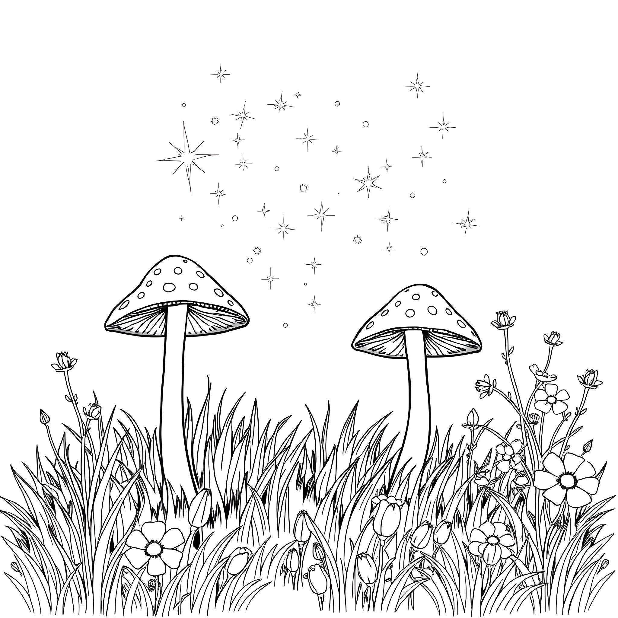Mushroom forest with twinkling stars Coloring Page (free black-and-white line drawing printable PDF for all, from beginners to advanced learners, including children, teens, adults, and seniors)