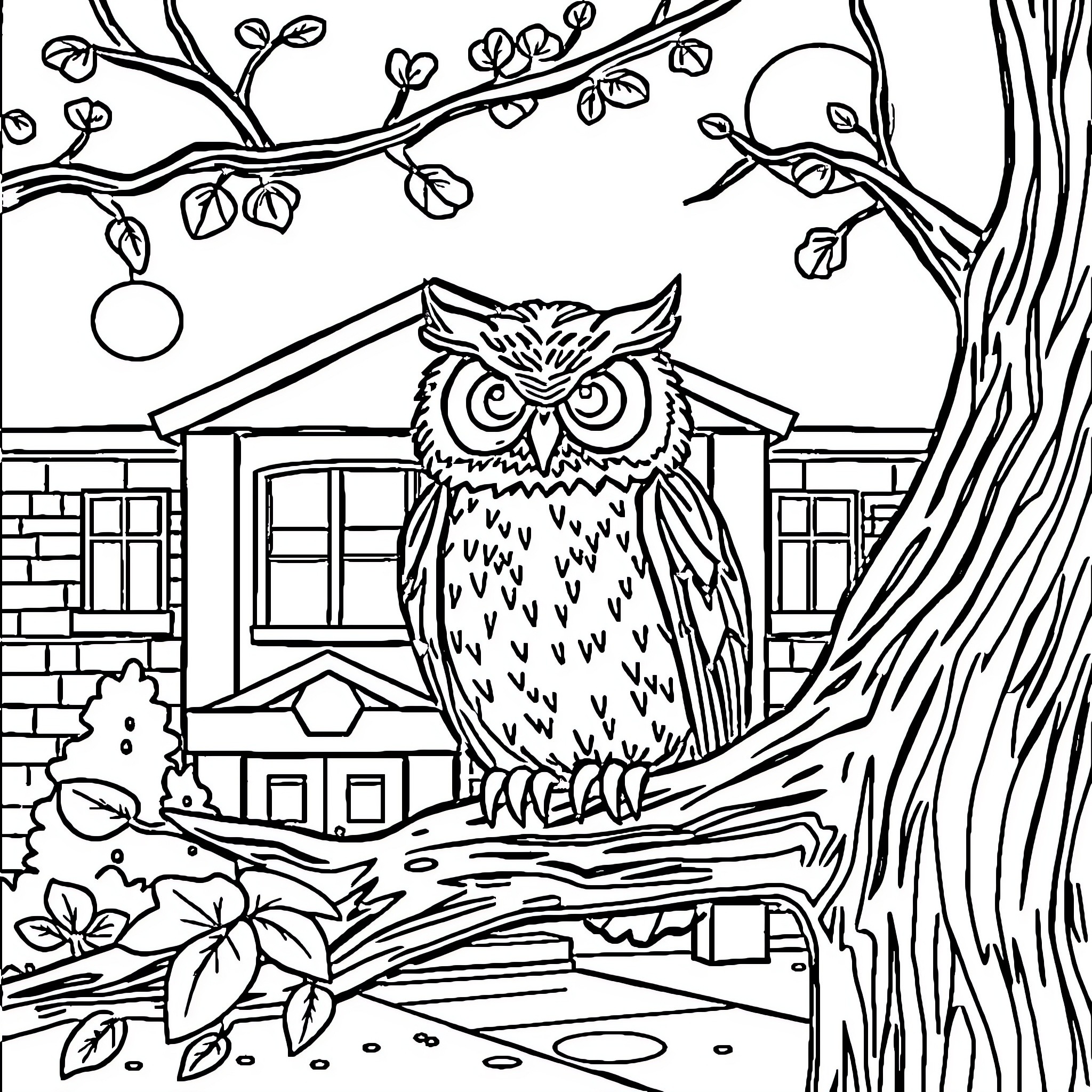Owl sitting on branch observing peaceful nature scene Coloring Page (free black-and-white line drawing printable PDF for all, from beginners to advanced learners, including children, teens, adults, and seniors)