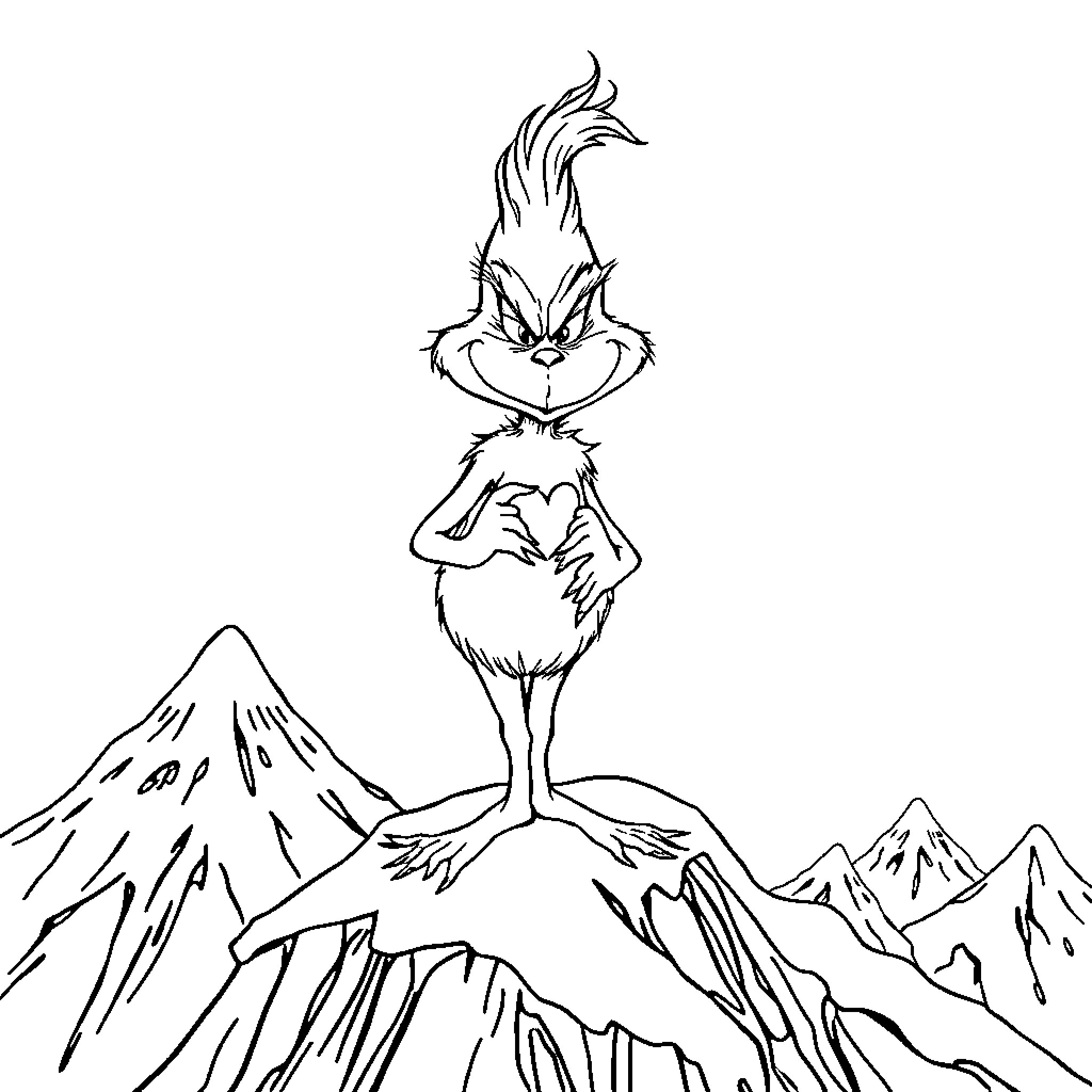 Grinch striking a mischievous pose on a snowy mountain Coloring Page (free black-and-white line drawing printable PDF for all, from beginners to advanced learners, including children, teens, adults, and seniors)