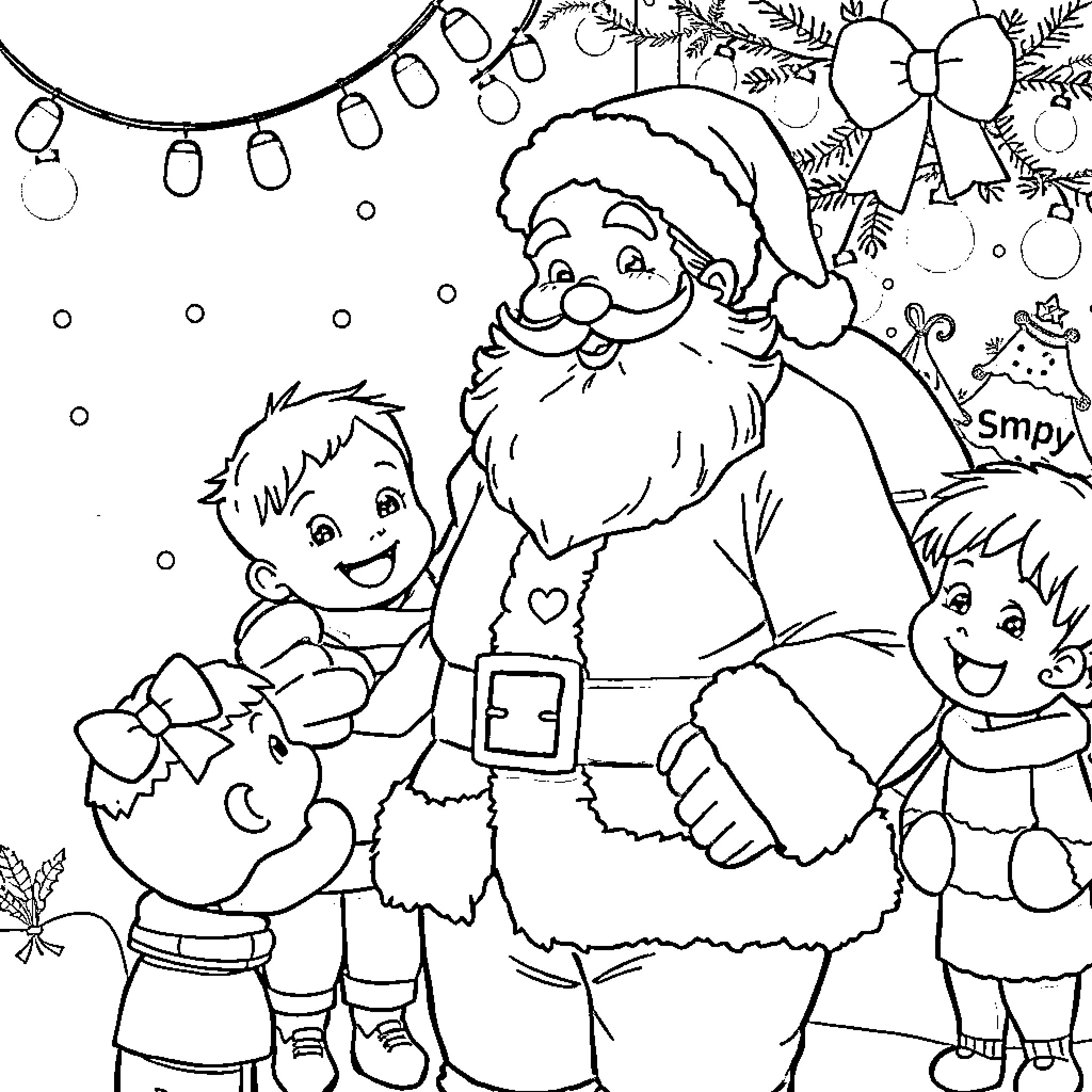 Santa Claus with children enjoying Christmas festivities Coloring Page (free black-and-white line drawing printable PDF for all, from beginners to advanced learners, including children, teens, adults, and seniors)