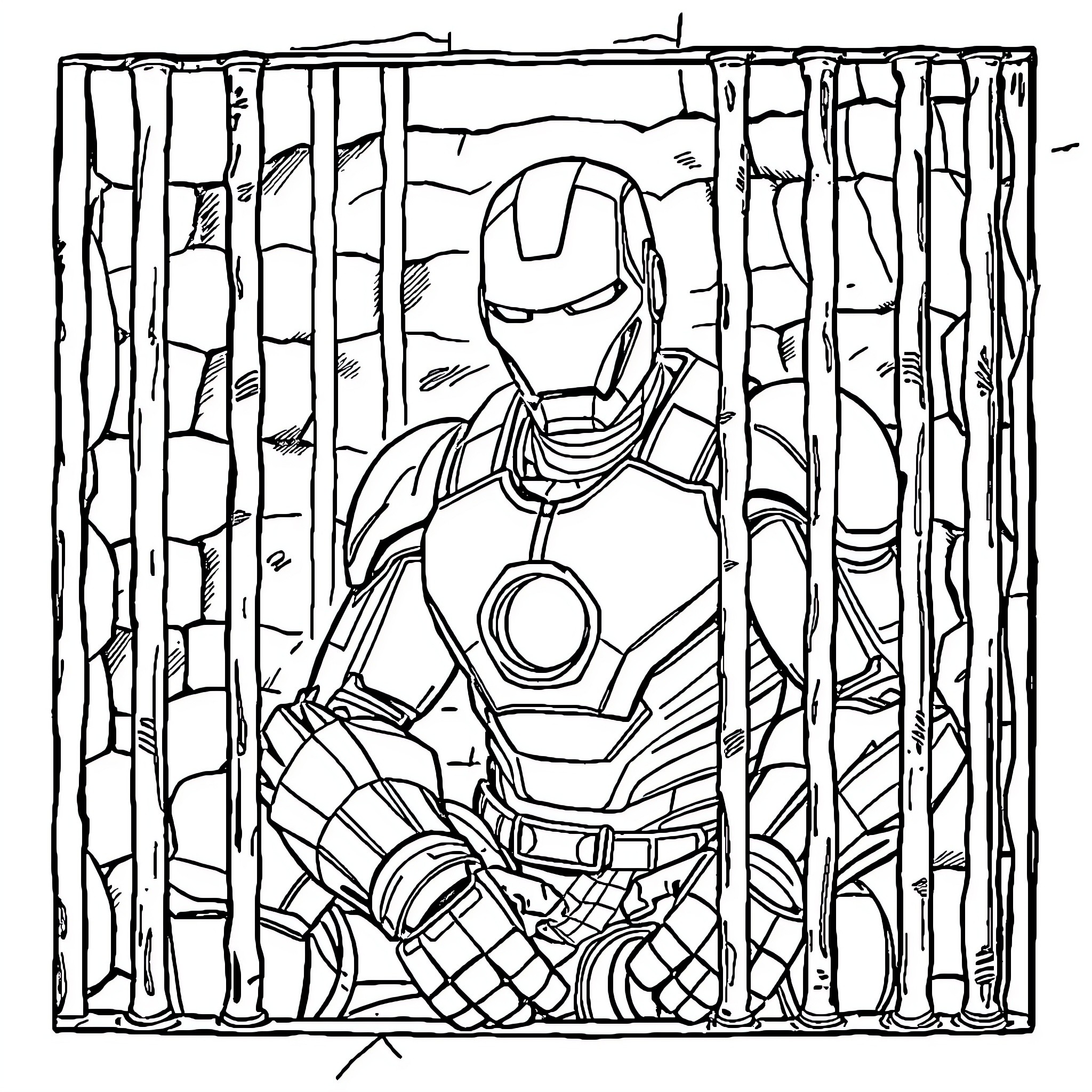 Iron Man in Heroic Pose Coloring Page (free black-and-white line drawing printable PDF for all, from beginners to advanced learners, including children, teens, adults, and seniors)