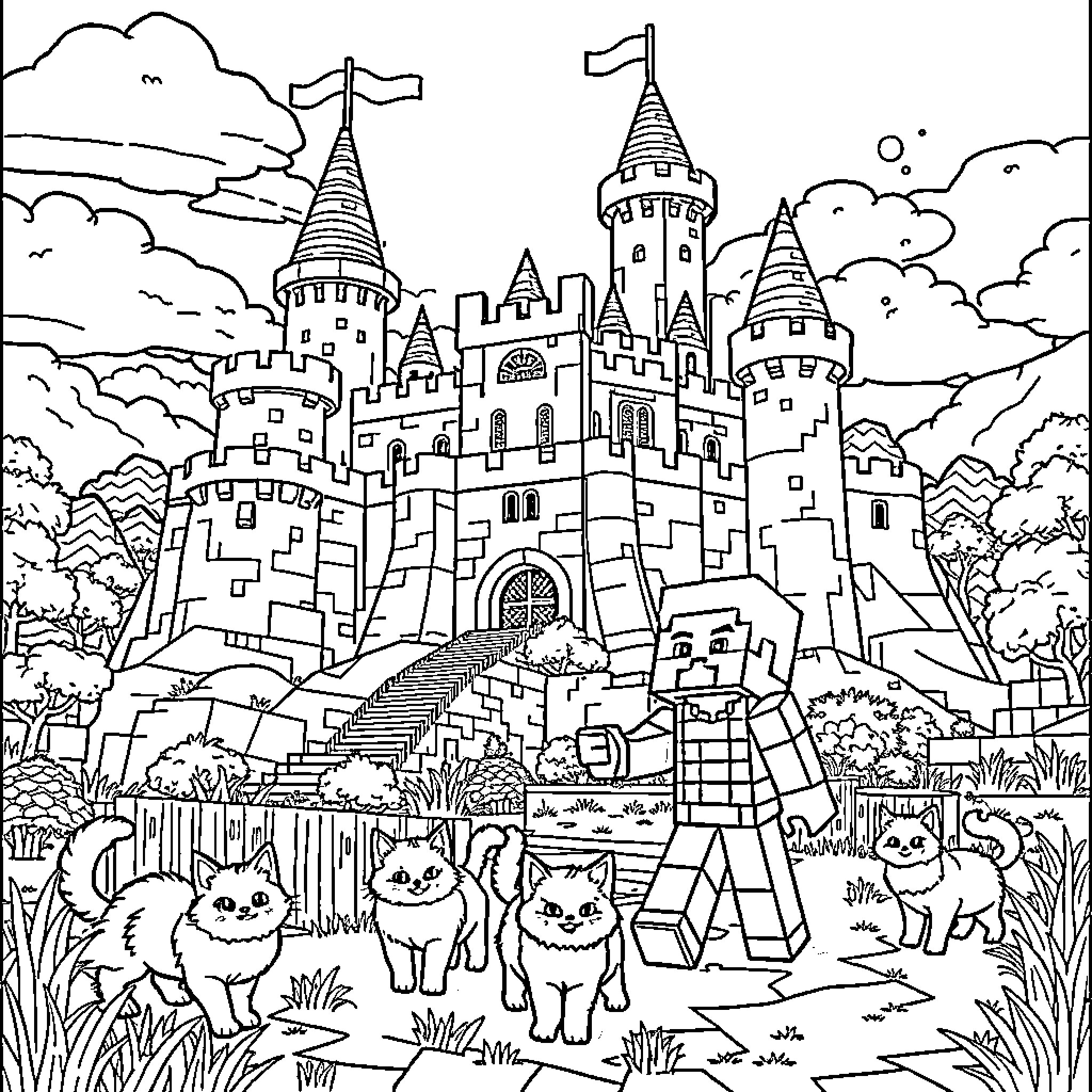 Minecraft fantasy castle with curious cats Coloring Page (free black-and-white line drawing printable PDF for all, from beginners to advanced learners, including children, teens, adults, and seniors)