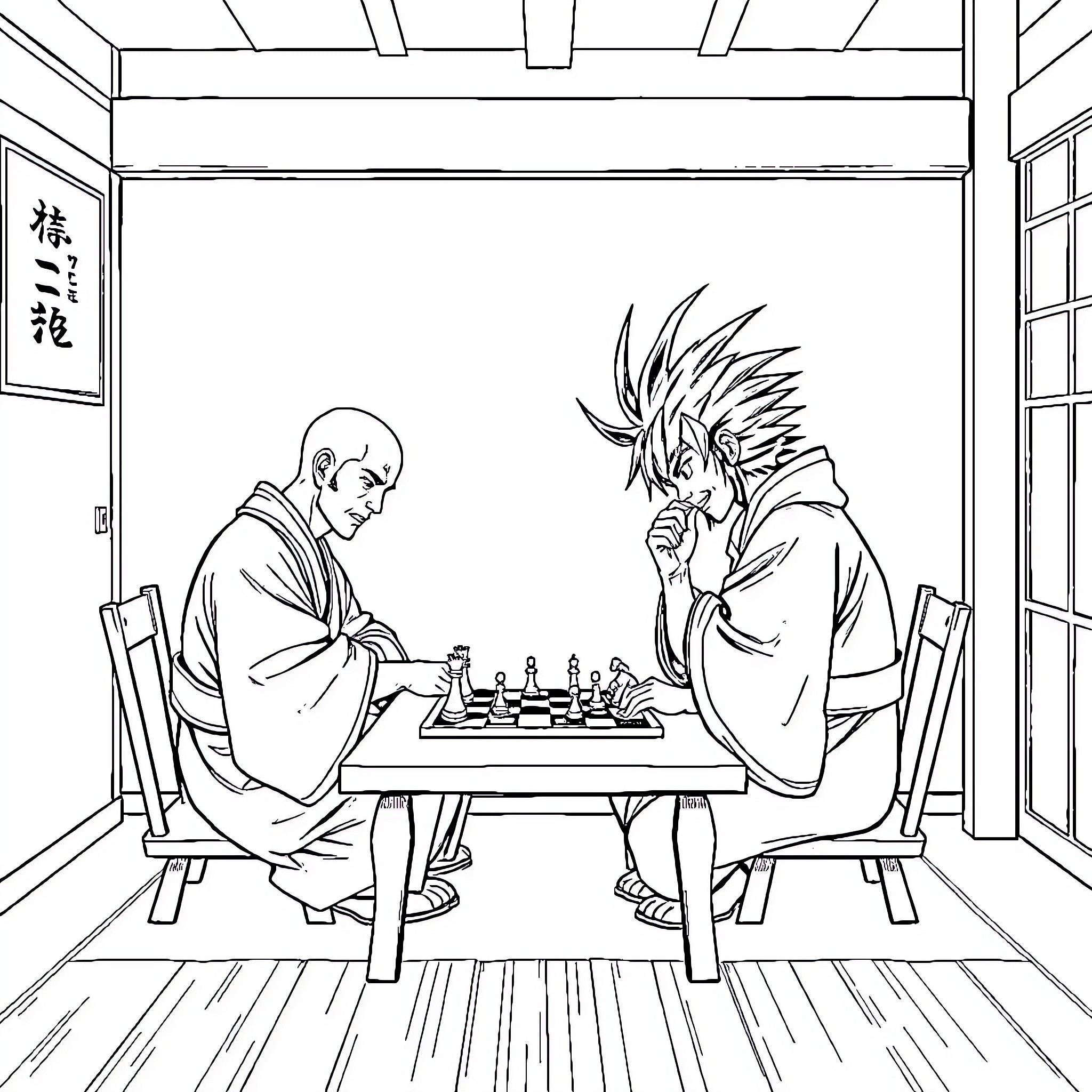 Gojo playing chess with a stylish character Coloring Page (free black-and-white line drawing printable PDF for all, from beginners to advanced learners, including children, teens, adults, and seniors)