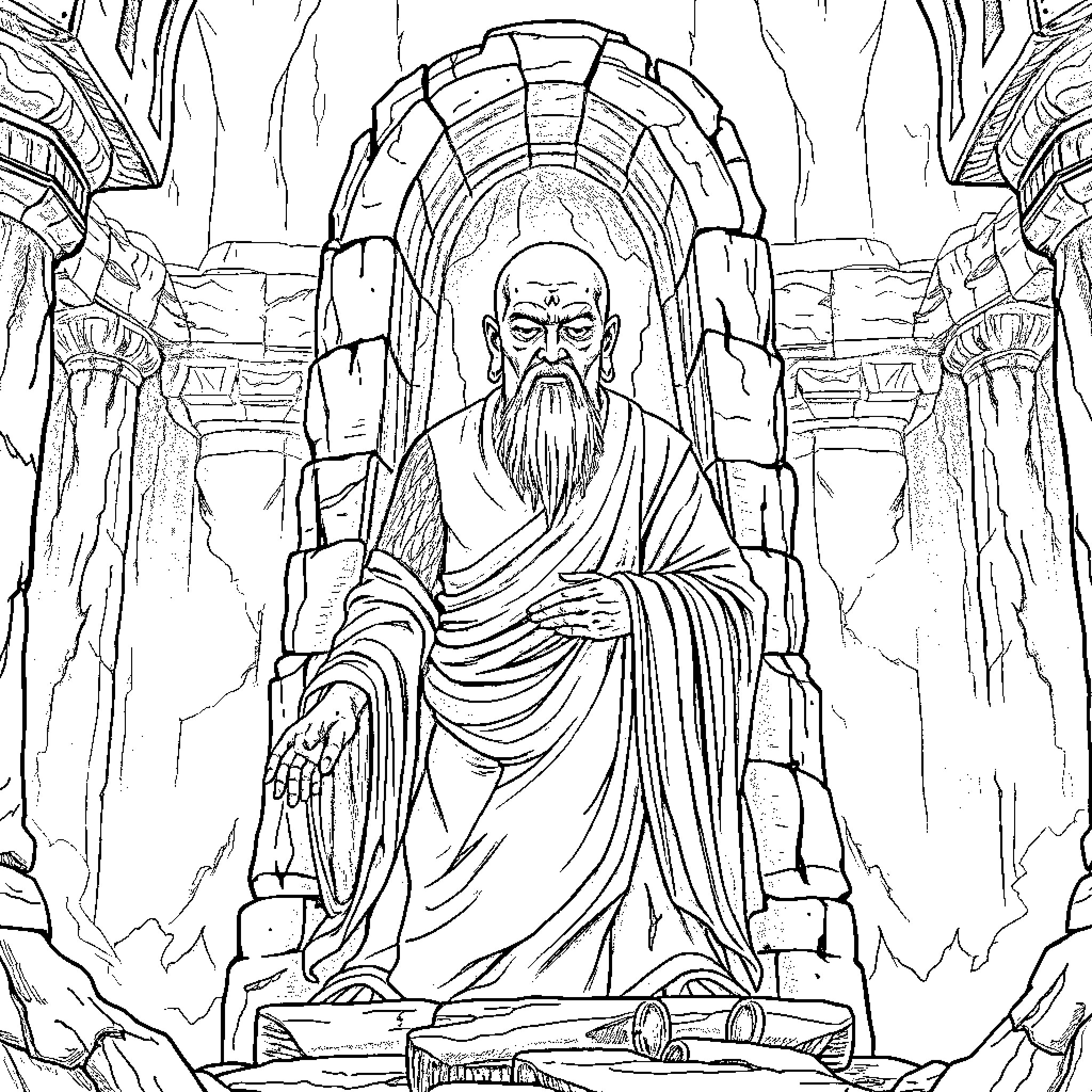 Monk sitting in a grand, ancient temple Coloring Page (free black-and-white line drawing printable PDF for all, from beginners to advanced learners, including children, teens, adults, and seniors)