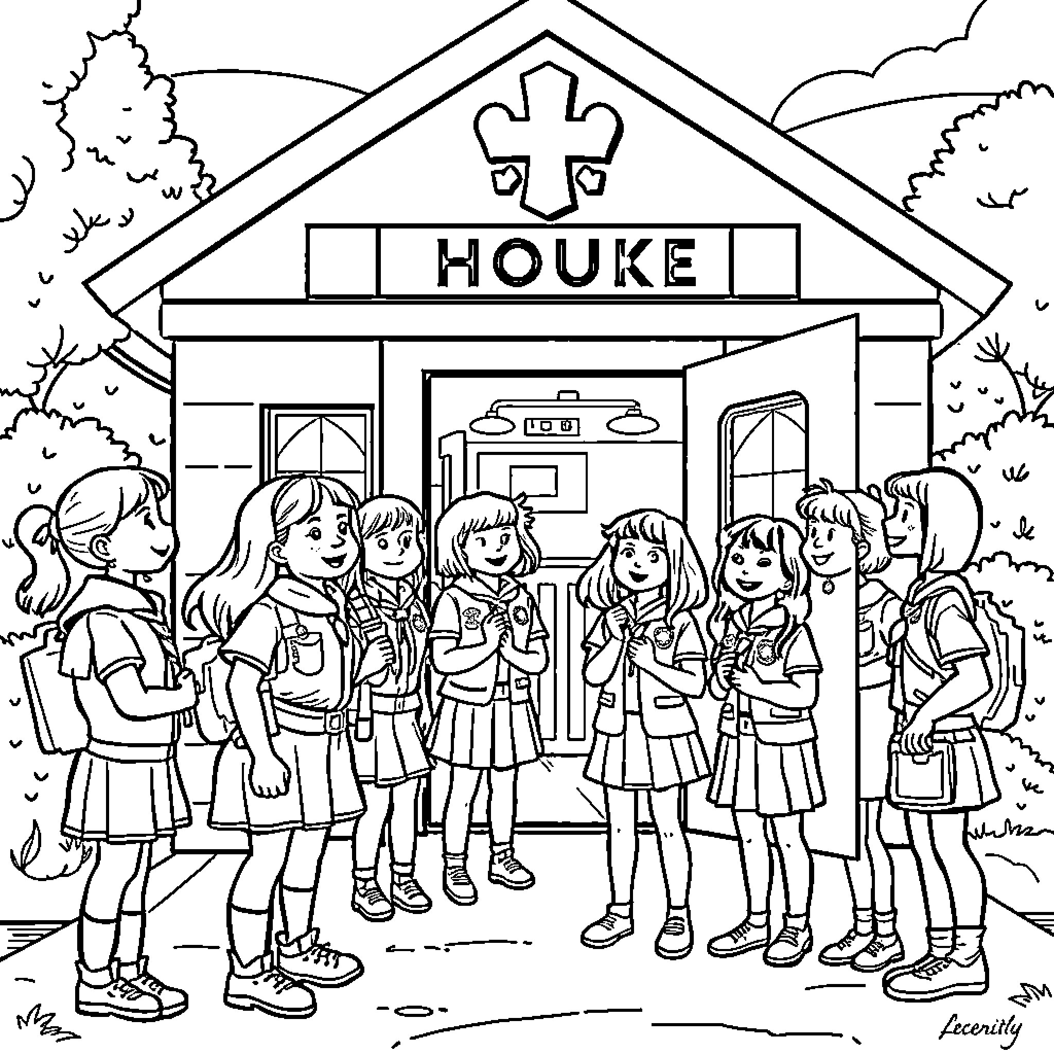 Girl Scout Troop Exploring the Houke Station Coloring Page (free black-and-white line drawing printable PDF for all, from beginners to advanced learners, including children, teens, adults, and seniors)
