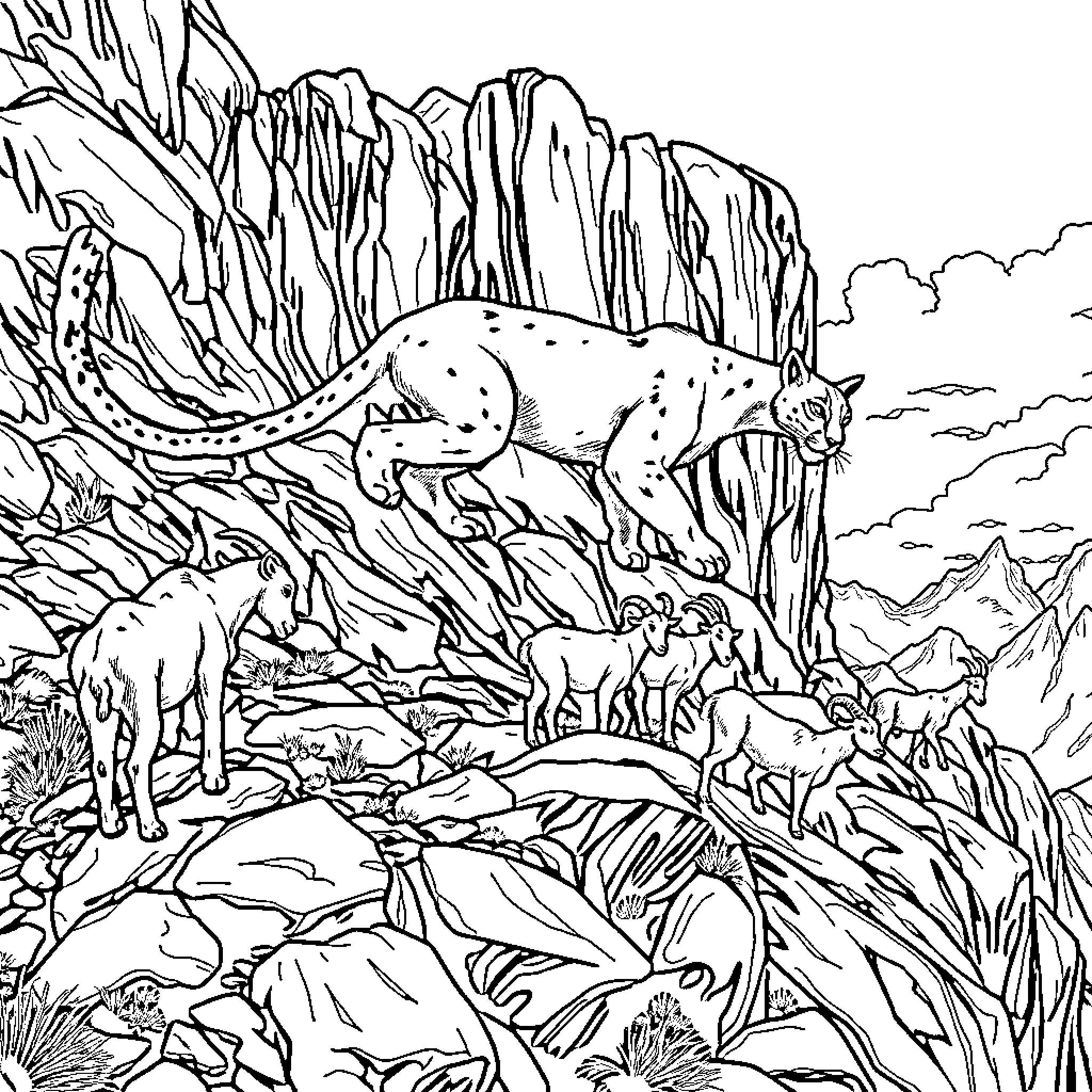 Cougar prowling through a rugged mountain landscape Coloring Page (free black-and-white line drawing printable PDF for all, from beginners to advanced learners, including children, teens, adults, and seniors)