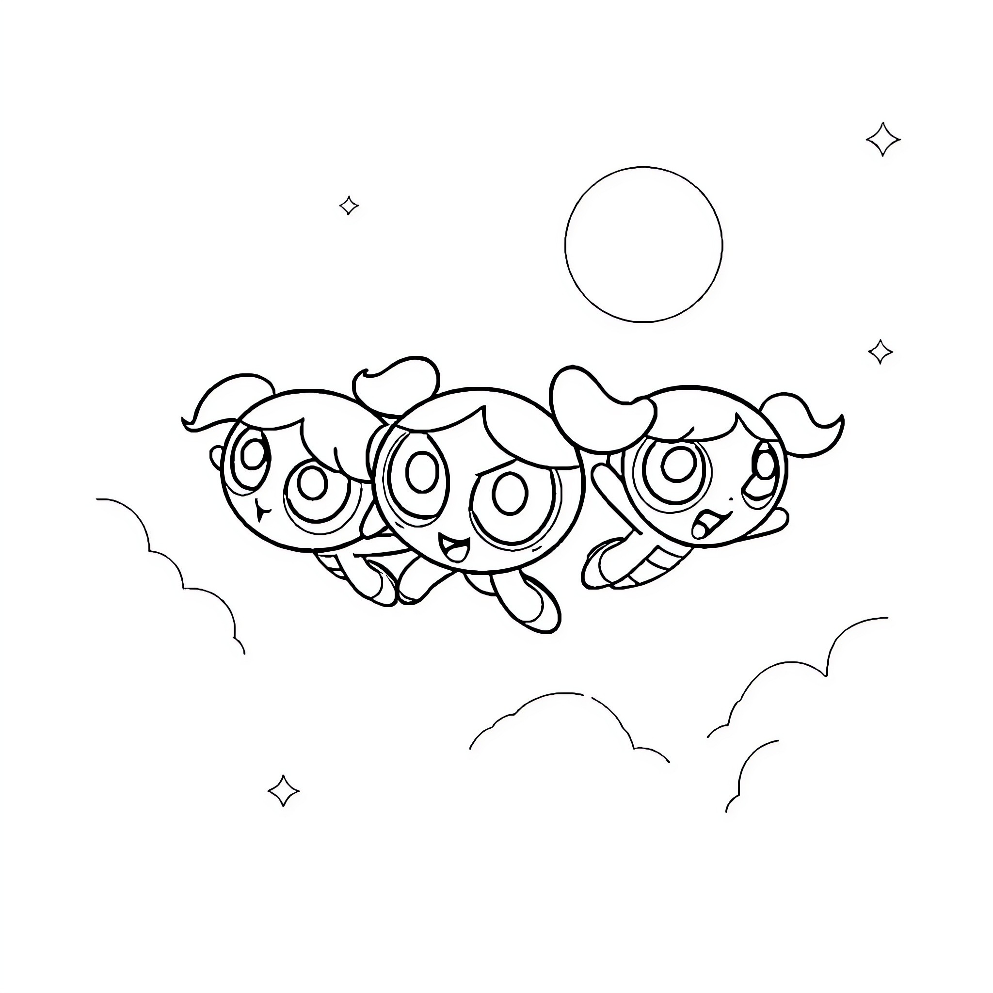 Powerpuff Girls floating happily in the night sky Coloring Page (free black-and-white line drawing printable PDF for all, from beginners to advanced learners, including children, teens, adults, and seniors)
