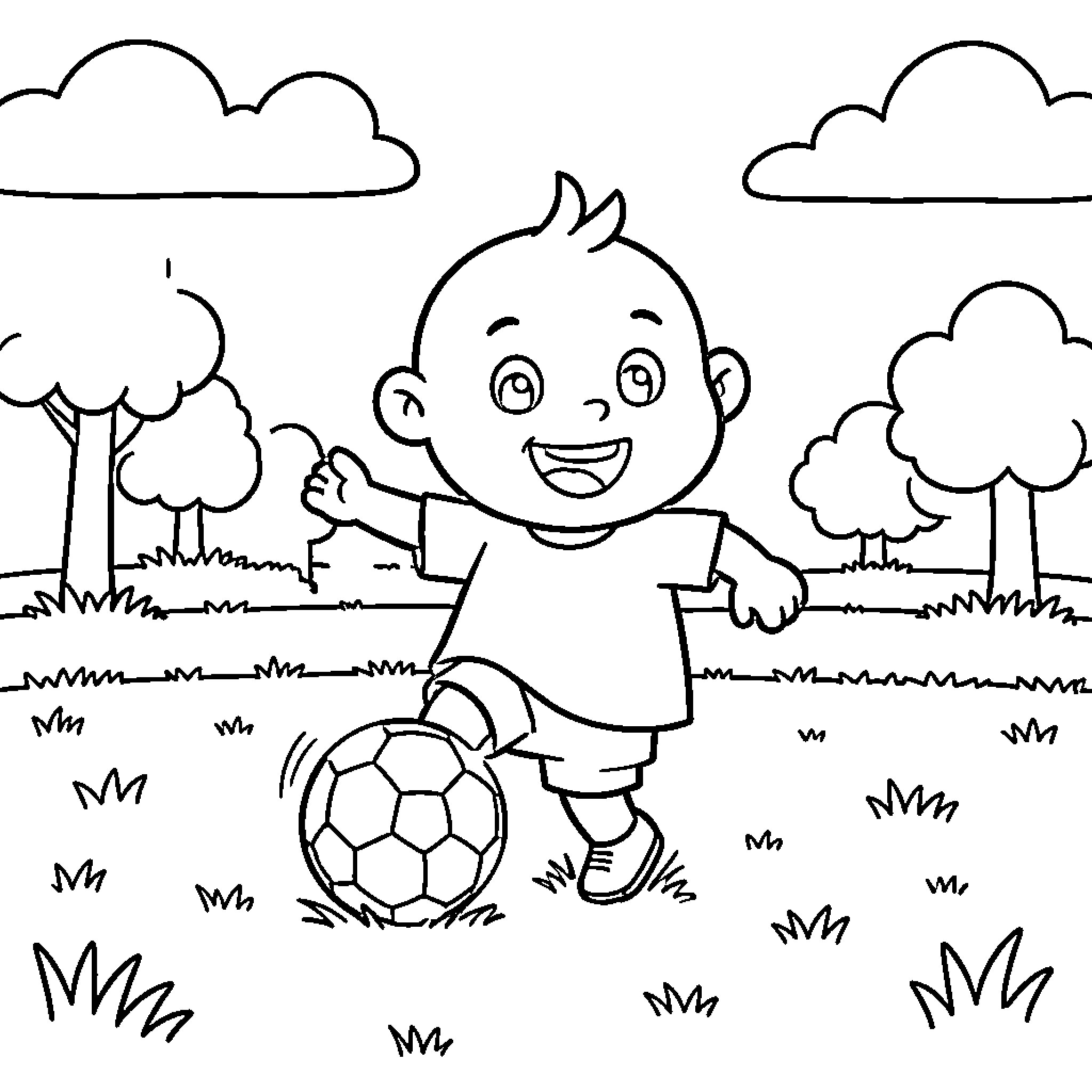 Pocoyo playing soccer happily in a grassy field Coloring Page (free black-and-white line drawing printable PDF for all, from beginners to advanced learners, including children, teens, adults, and seniors)