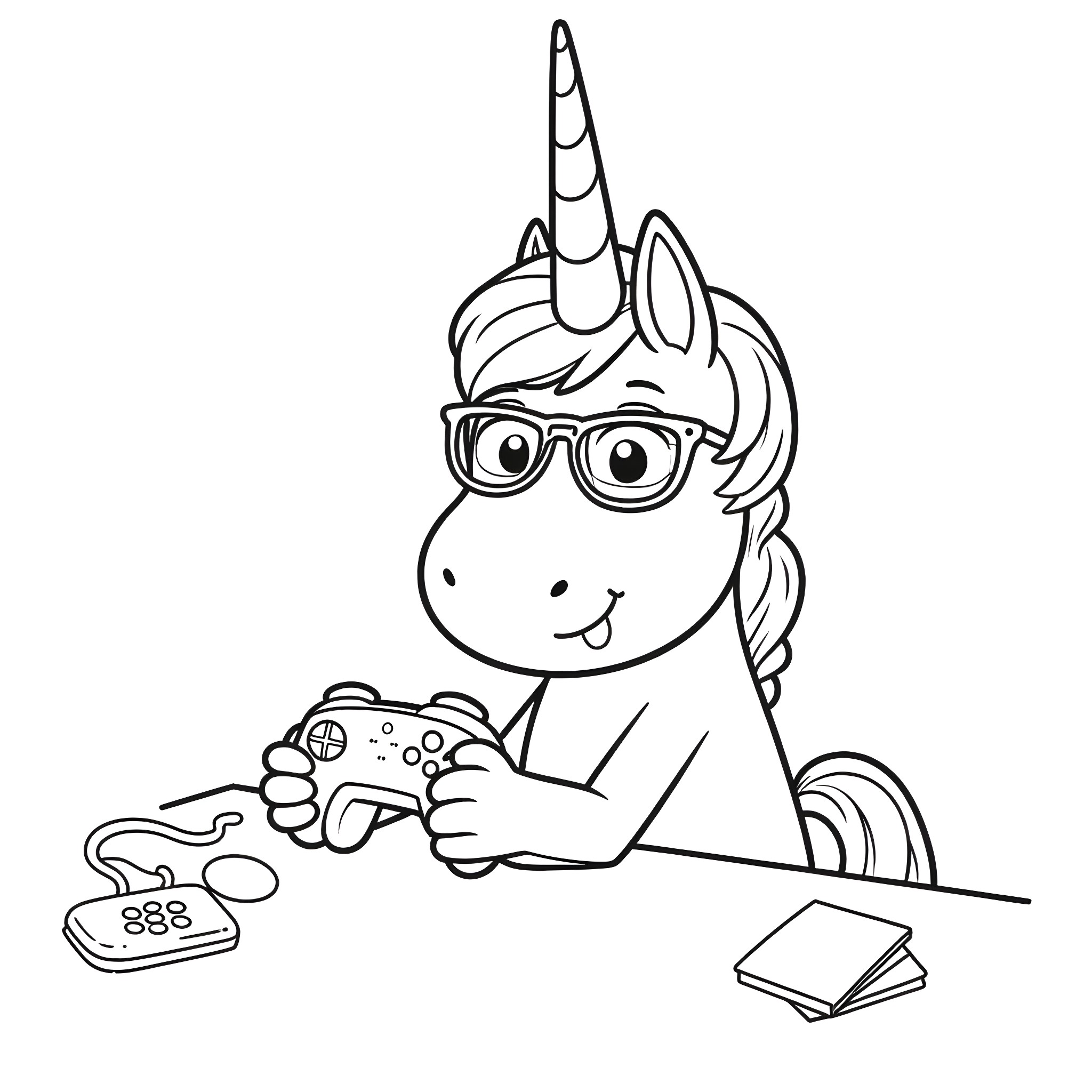 Unicorn playing video games with glasses Coloring Page (free black-and-white line drawing printable PDF for all, from beginners to advanced learners, including children, teens, adults, and seniors)