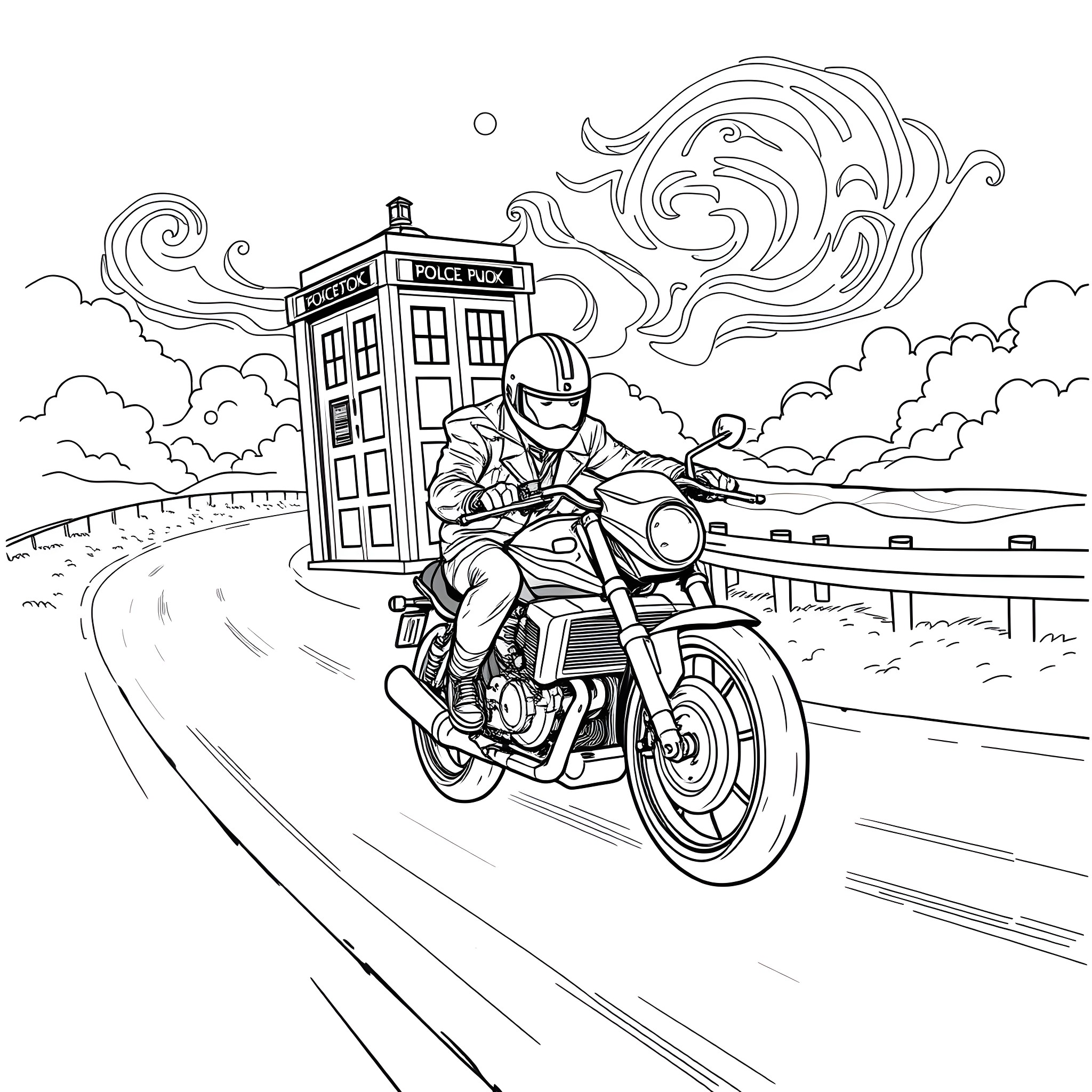 Dr. Who Races Through Time and Space on Motorcycle Coloring Page (free black-and-white line drawing printable PDF for all, from beginners to advanced learners, including children, teens, adults, and seniors)