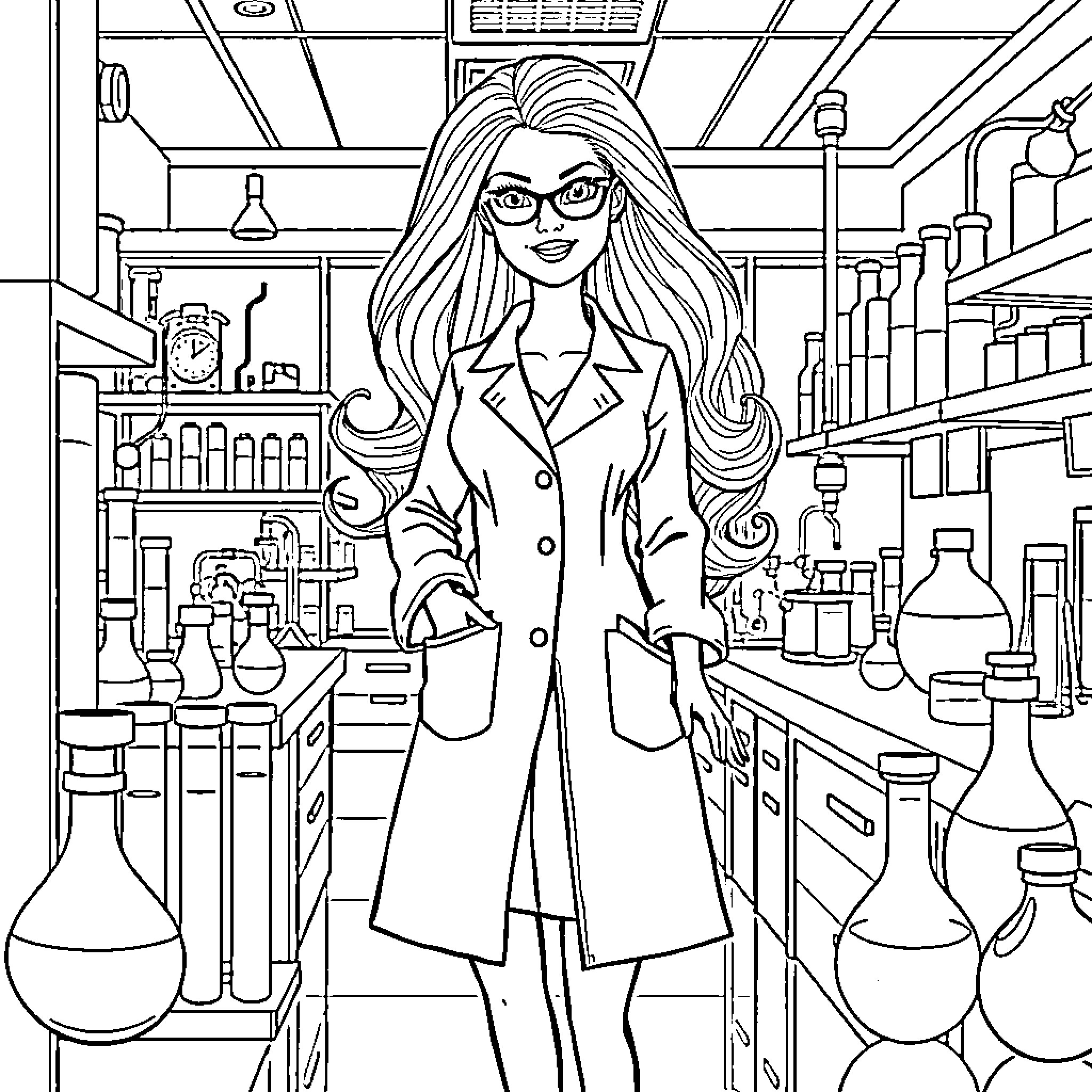 Barbie Scientist Exploring the Lab Coloring Page (free black-and-white line drawing printable PDF for all, from beginners to advanced learners, including children, teens, adults, and seniors)