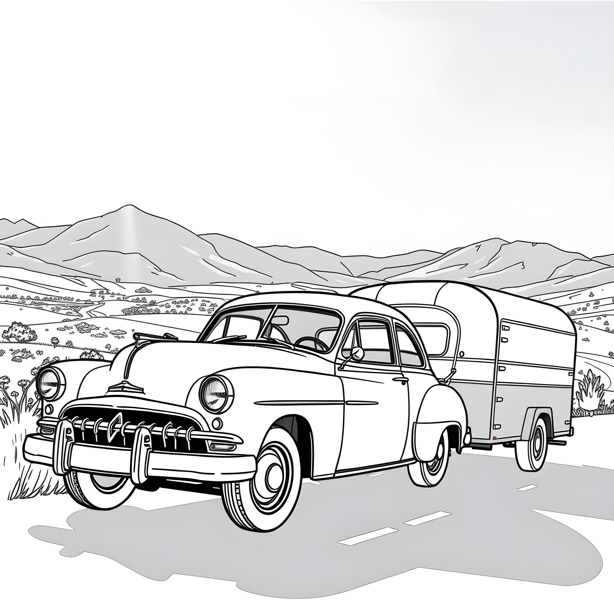 Car with trailer driving through mountainous landscape Coloring Page (free black-and-white line drawing printable PDF for all, from beginners to advanced learners, including children, teens, adults, and seniors)