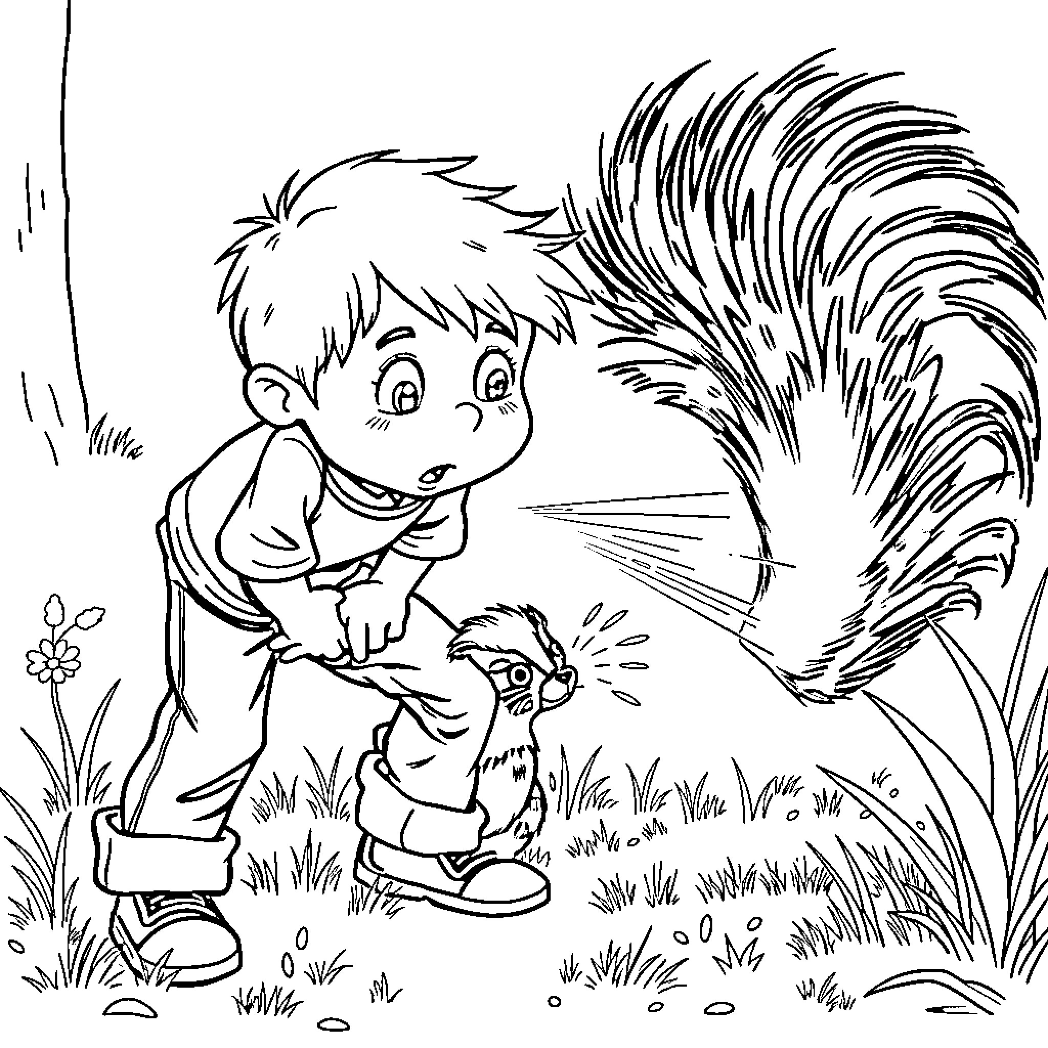 Boy exploring nature with curious excitement Coloring Page (free black-and-white line drawing printable PDF for all, from beginners to advanced learners, including children, teens, adults, and seniors)