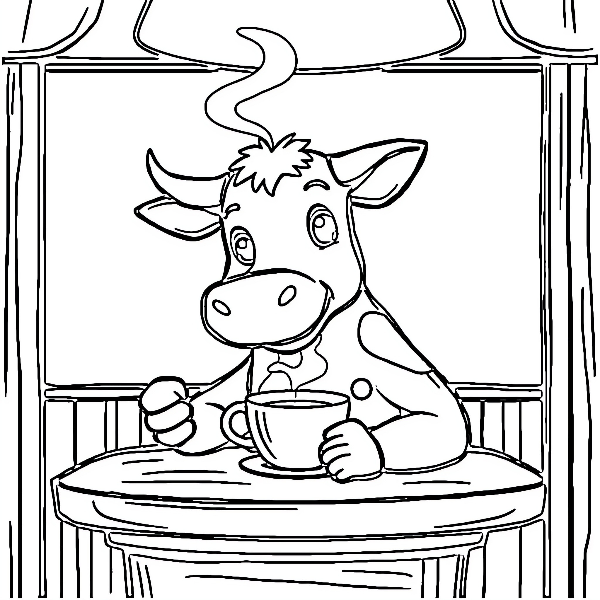 Cow enjoying a warm beverage in a cozy cabin Coloring Page (free black-and-white line drawing printable PDF for all, from beginners to advanced learners, including children, teens, adults, and seniors)
