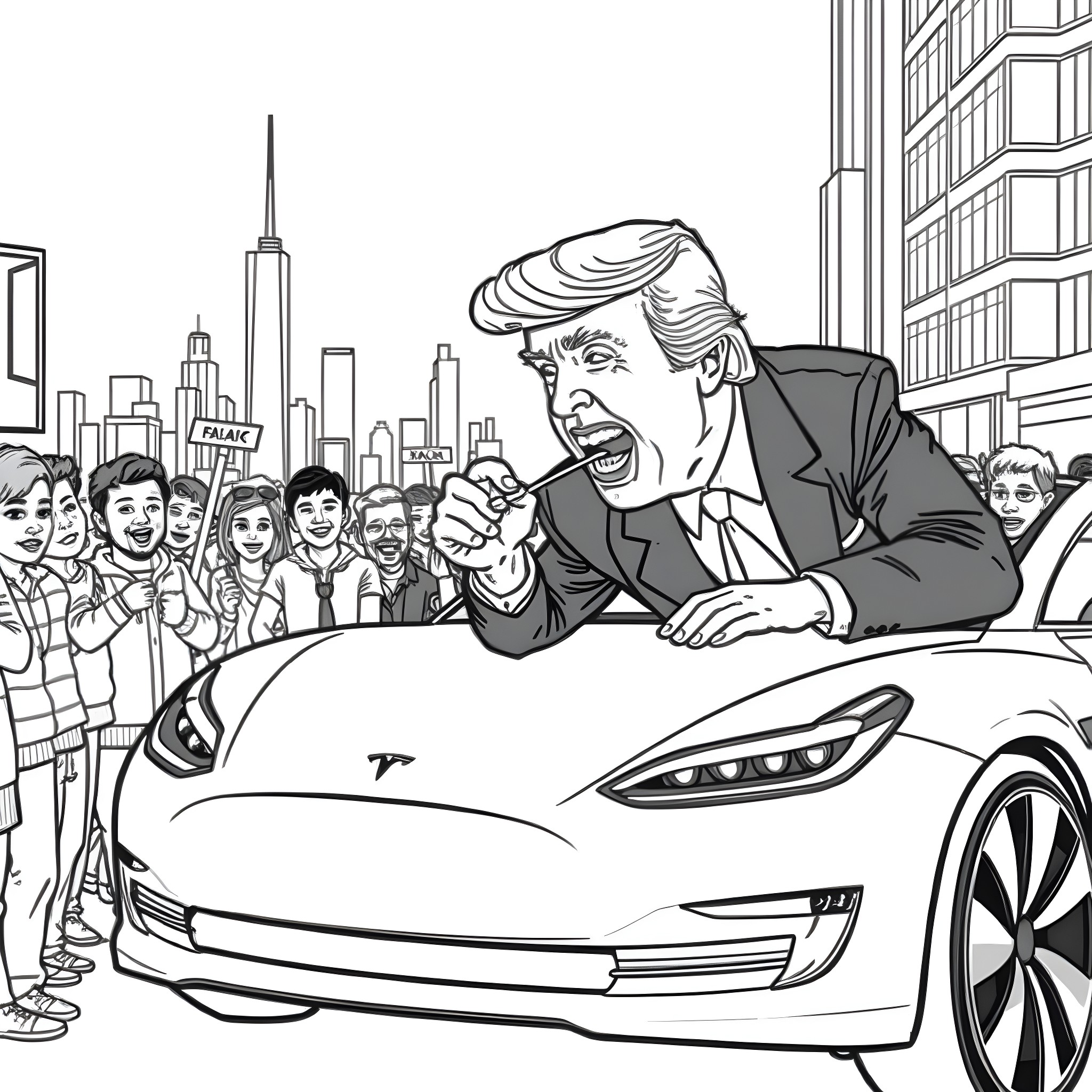 Donald Trump Excitedly Riding a Tesla in the City Coloring Page (free black-and-white line drawing printable PDF for all, from beginners to advanced learners, including children, teens, adults, and seniors)