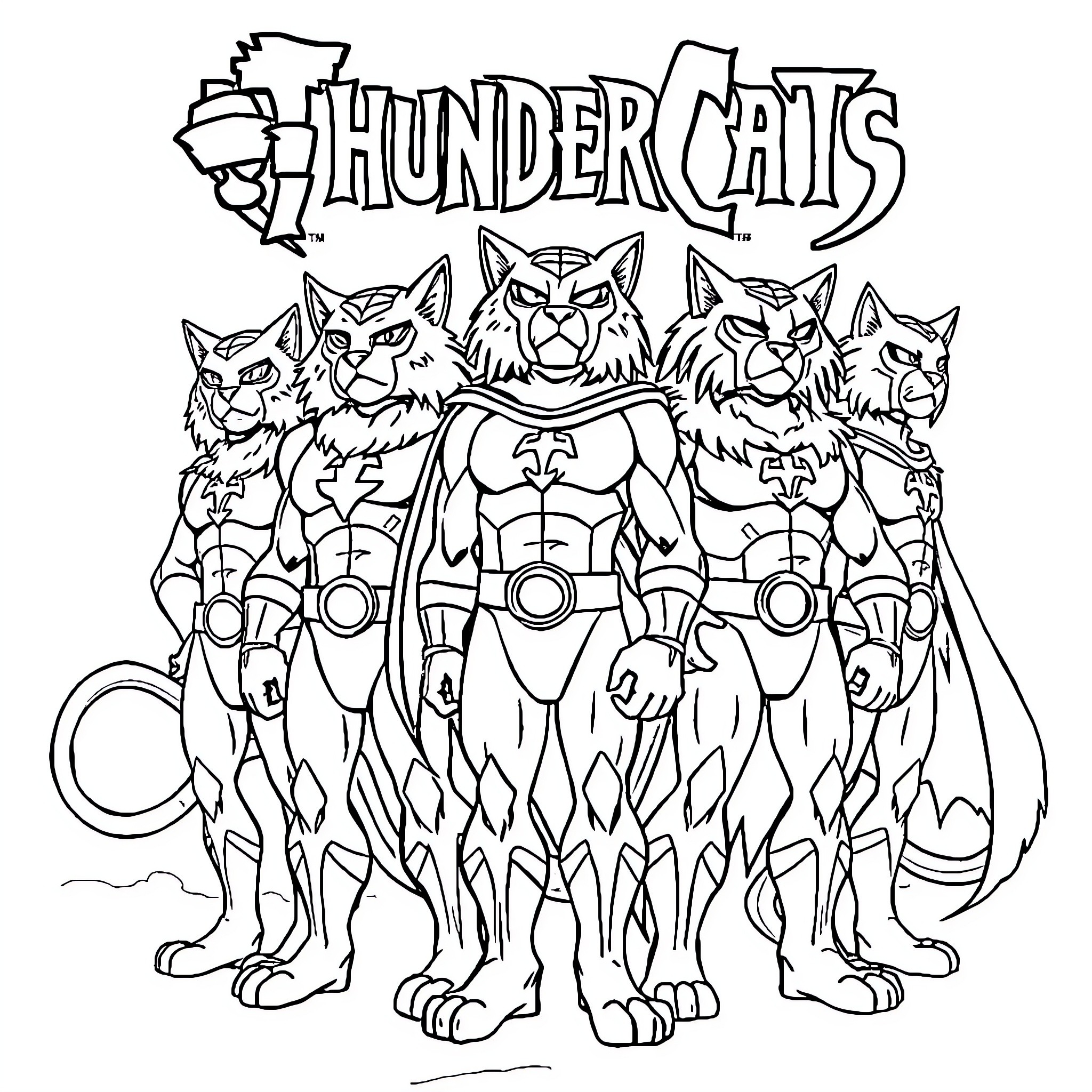 Thundercats heroic team in action pose Coloring Page (free black-and-white line drawing printable PDF for all, from beginners to advanced learners, including children, teens, adults, and seniors)
