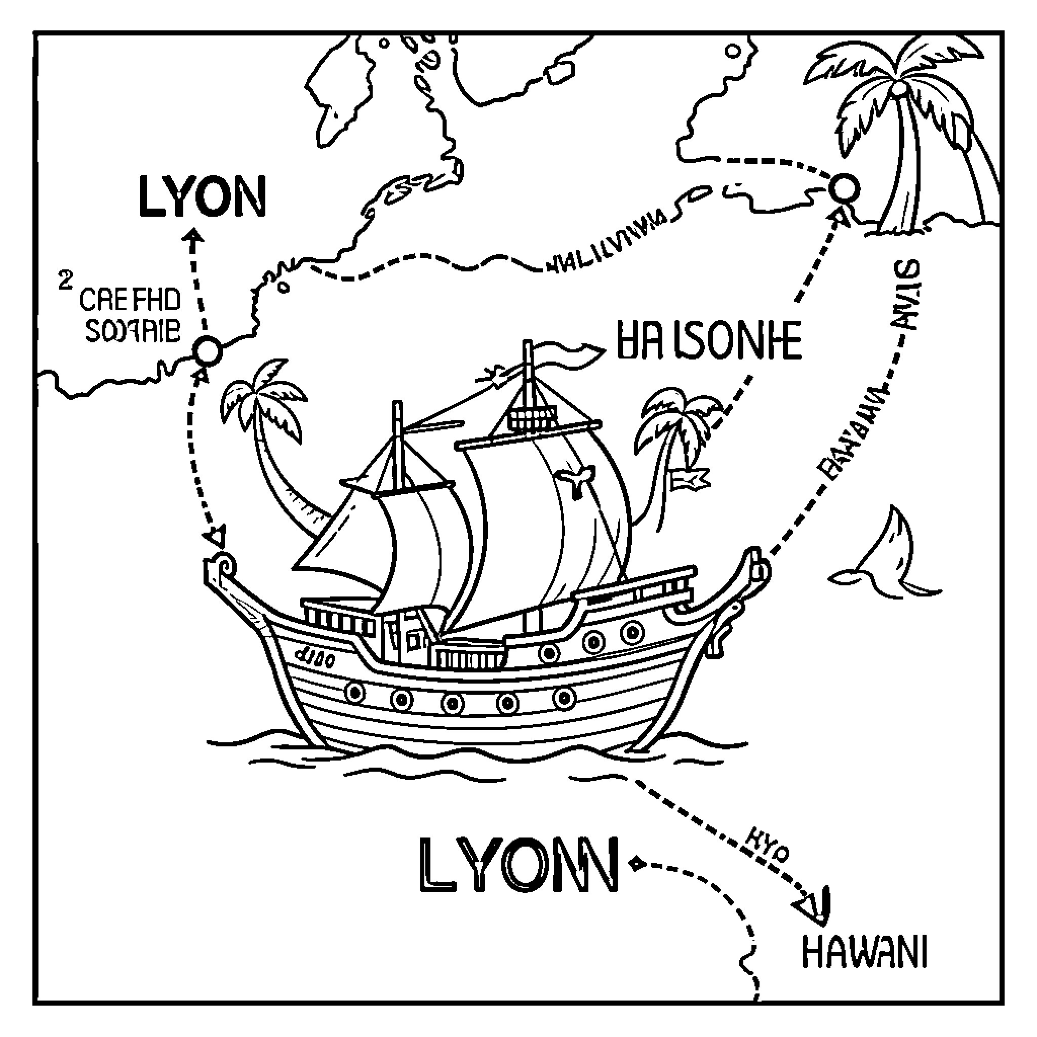 Vaisseau naviguant sur une carte maritime avec des îles Coloring Page (free black-and-white line drawing printable PDF for all, from beginners to advanced learners, including children, teens, adults, and seniors)